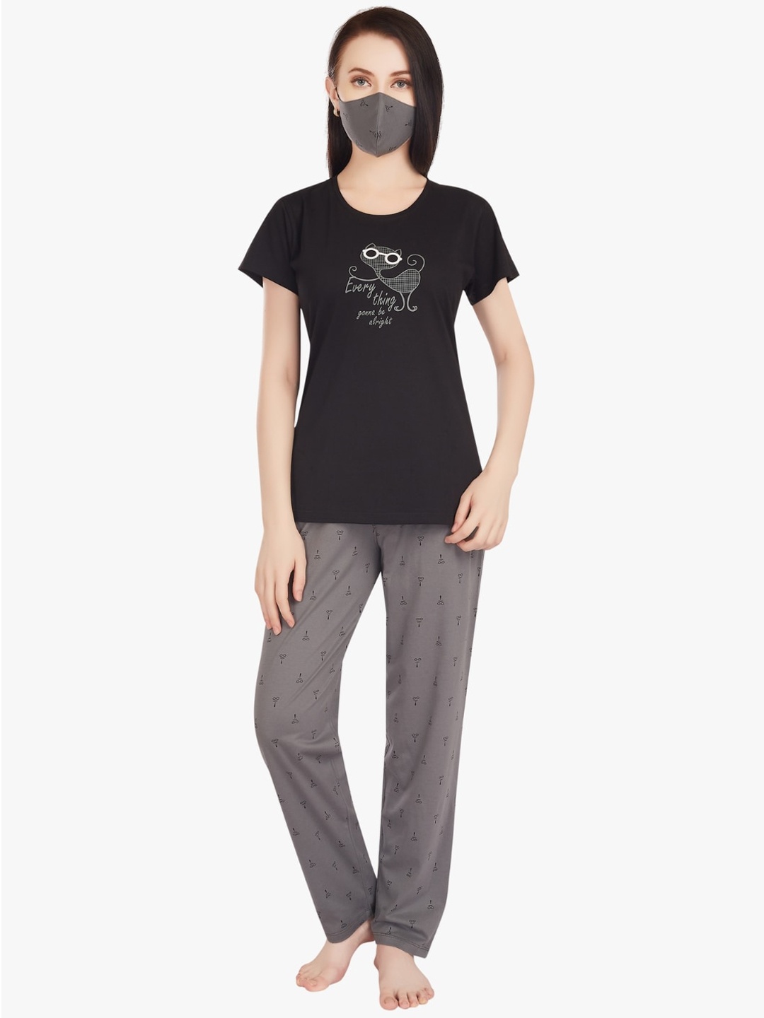 

QUIRA Printed Pure Cotton Night Suit, Black