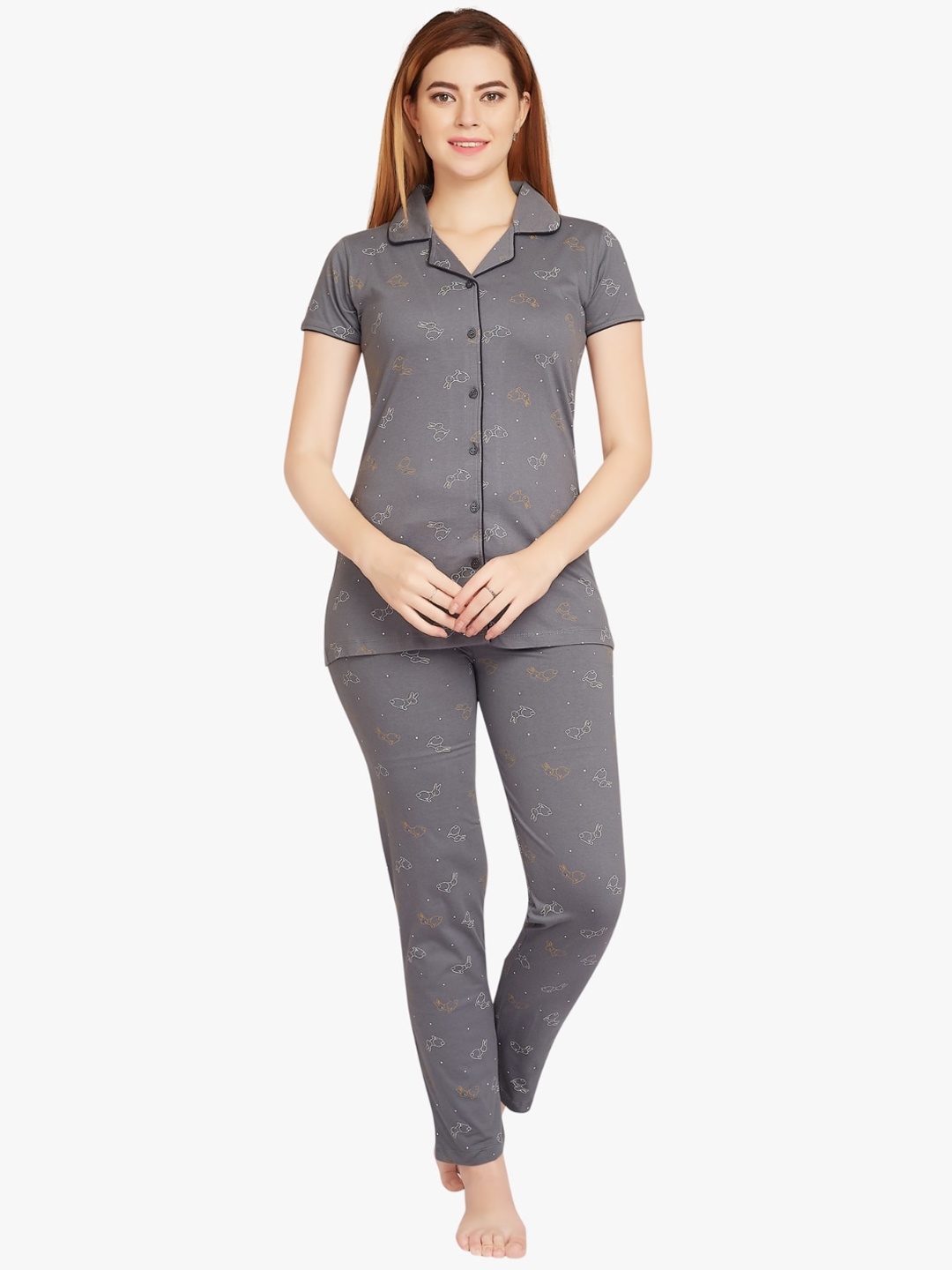 

QUIRA Conversational Printed Pure Cotton Night suit, Grey