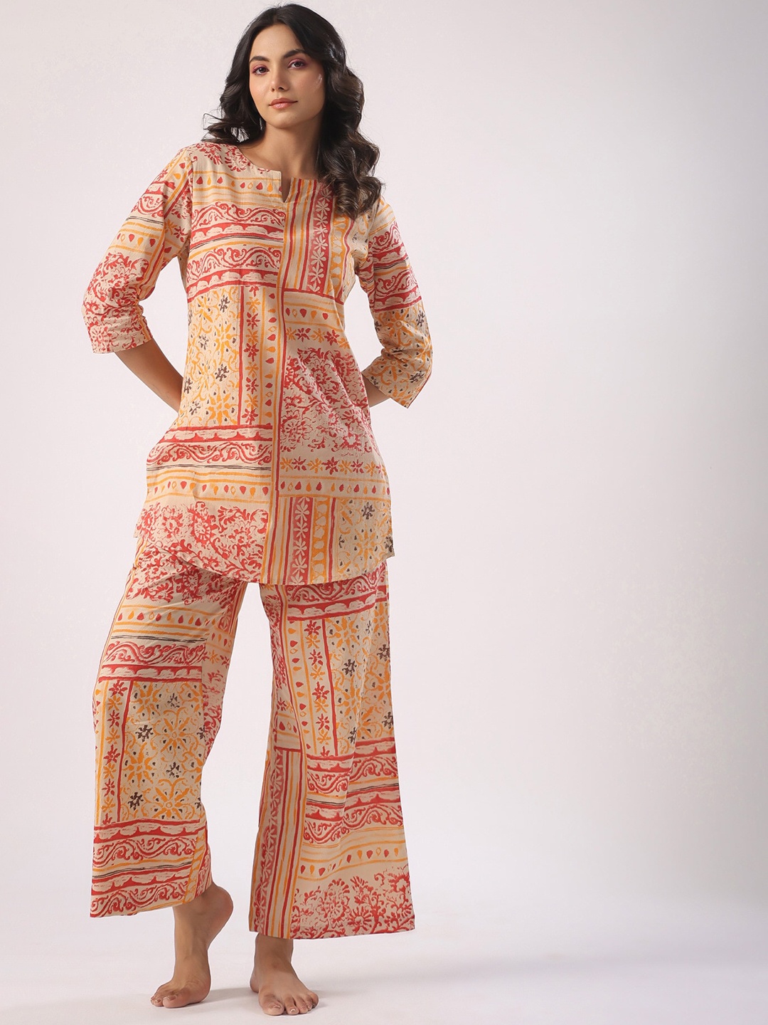 

JISORA Beige & Orange Ethnic Printed Night Suit