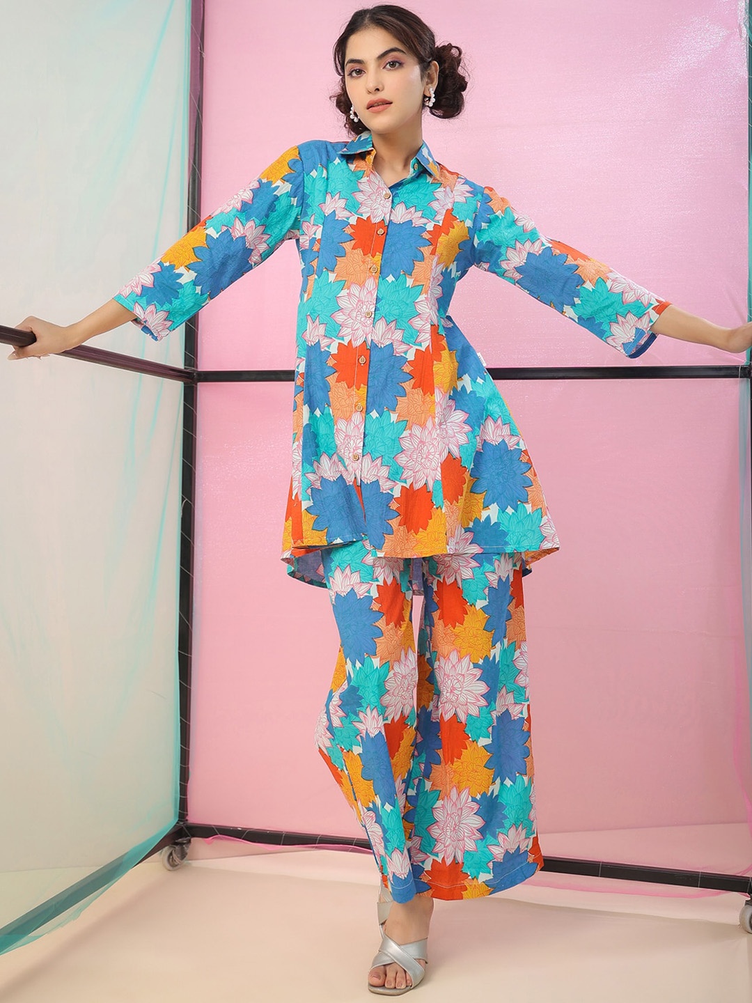 

JISORA Blue Floral Printed Pure Cotton Shirt with Palazzos