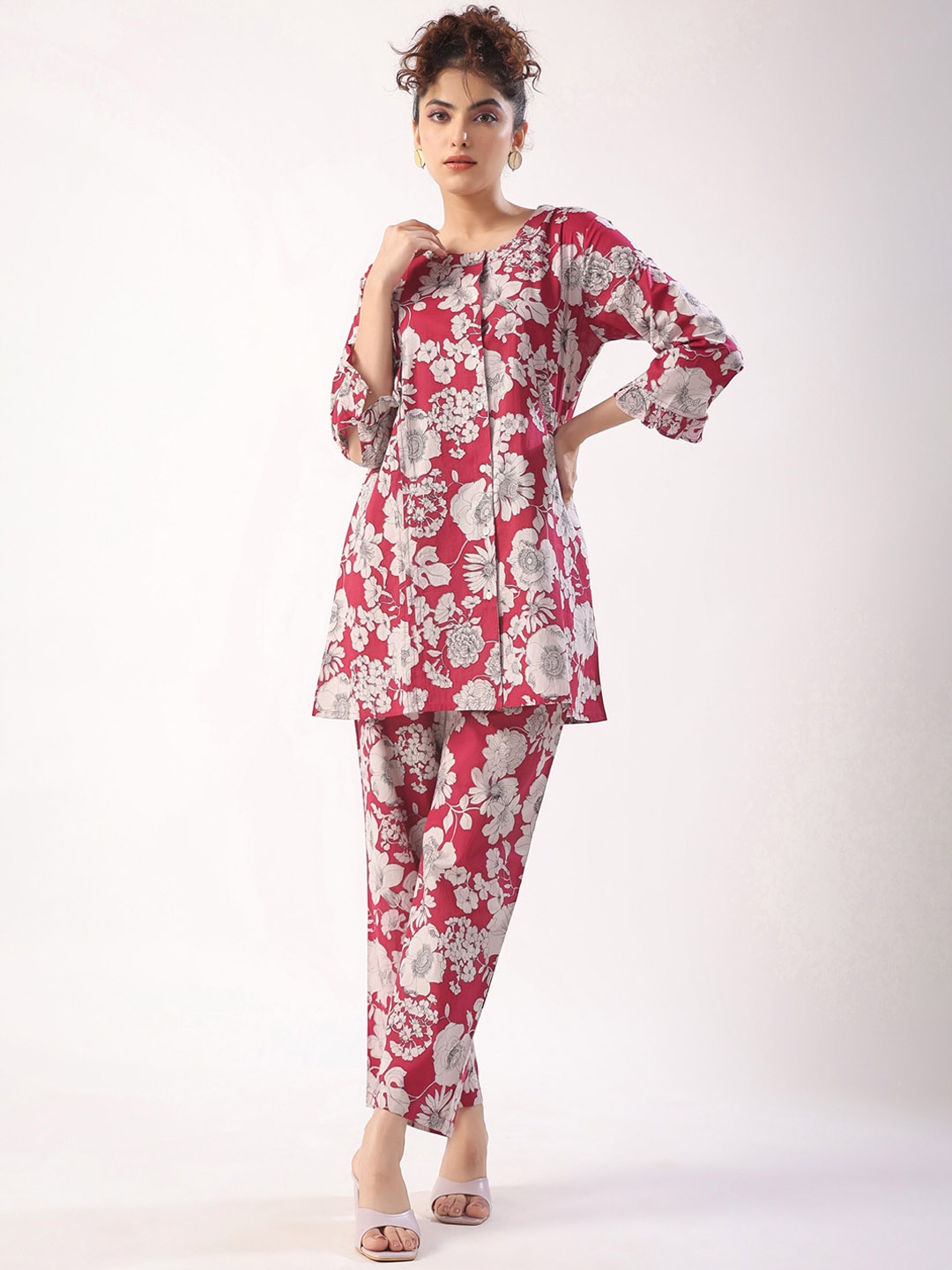 

JISORA Magenta Pink Floral Printed Pure Cotton Tunic with Palazzos