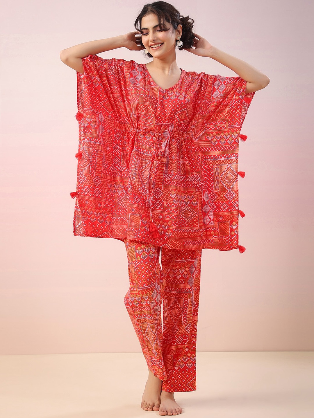 

JISORA Red Geometric Printed Night suit