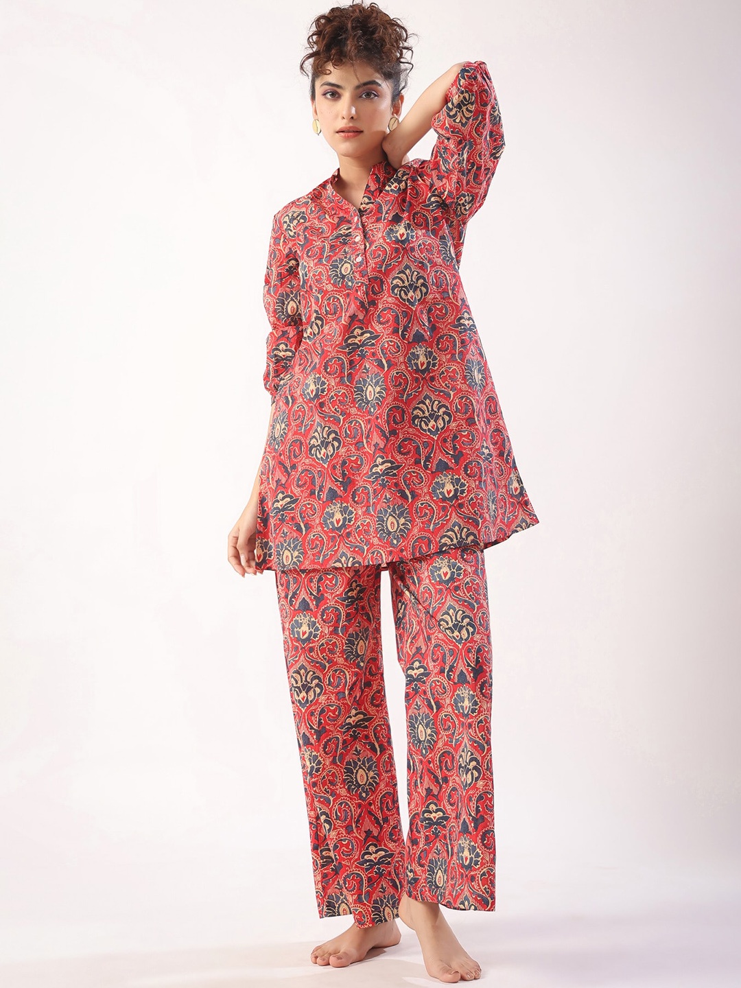 

JISORA Red Ethnic Motifs Printed Night suit