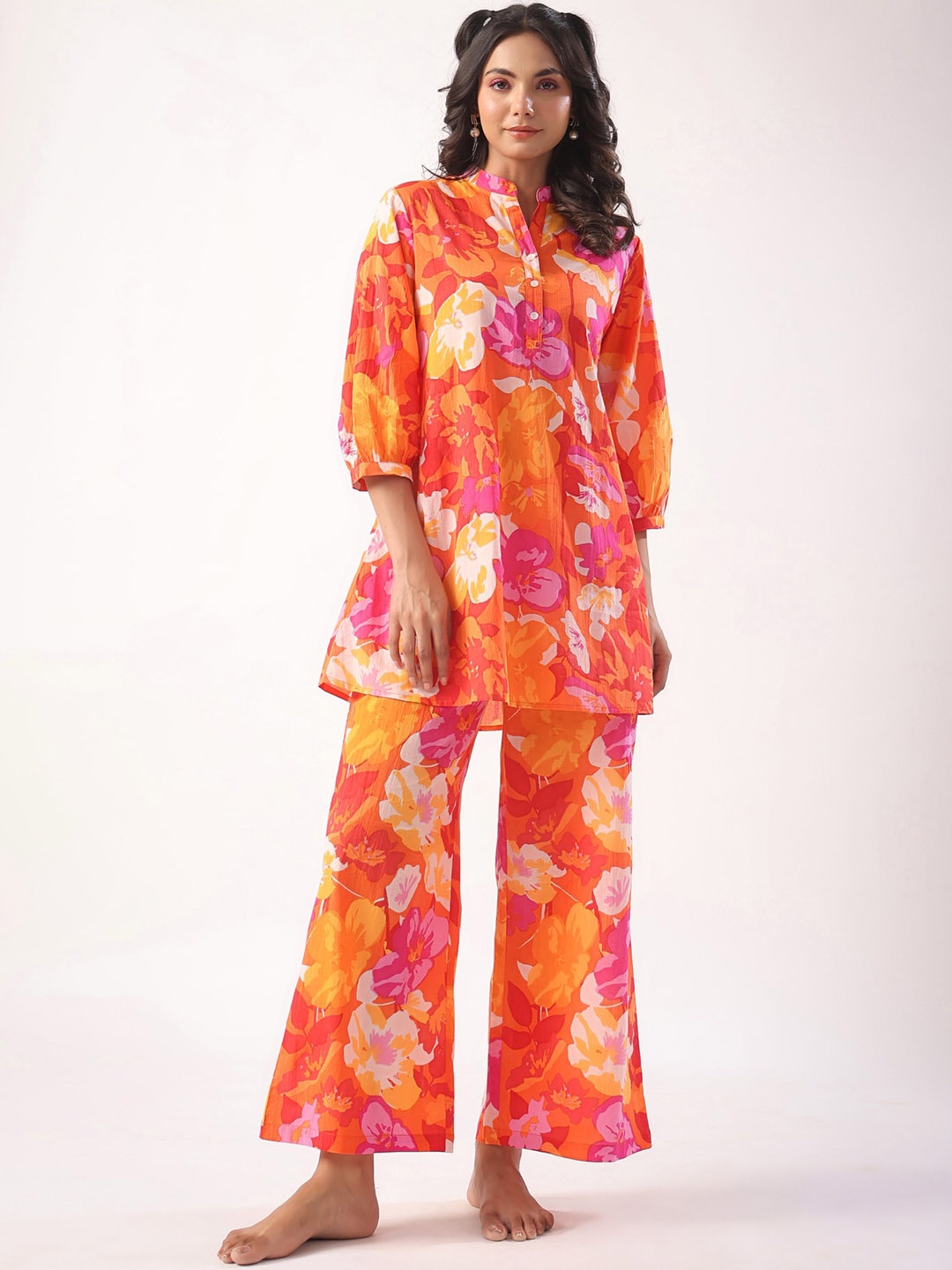 

JISORA Floral Printed Pure Cotton Night suit, Orange