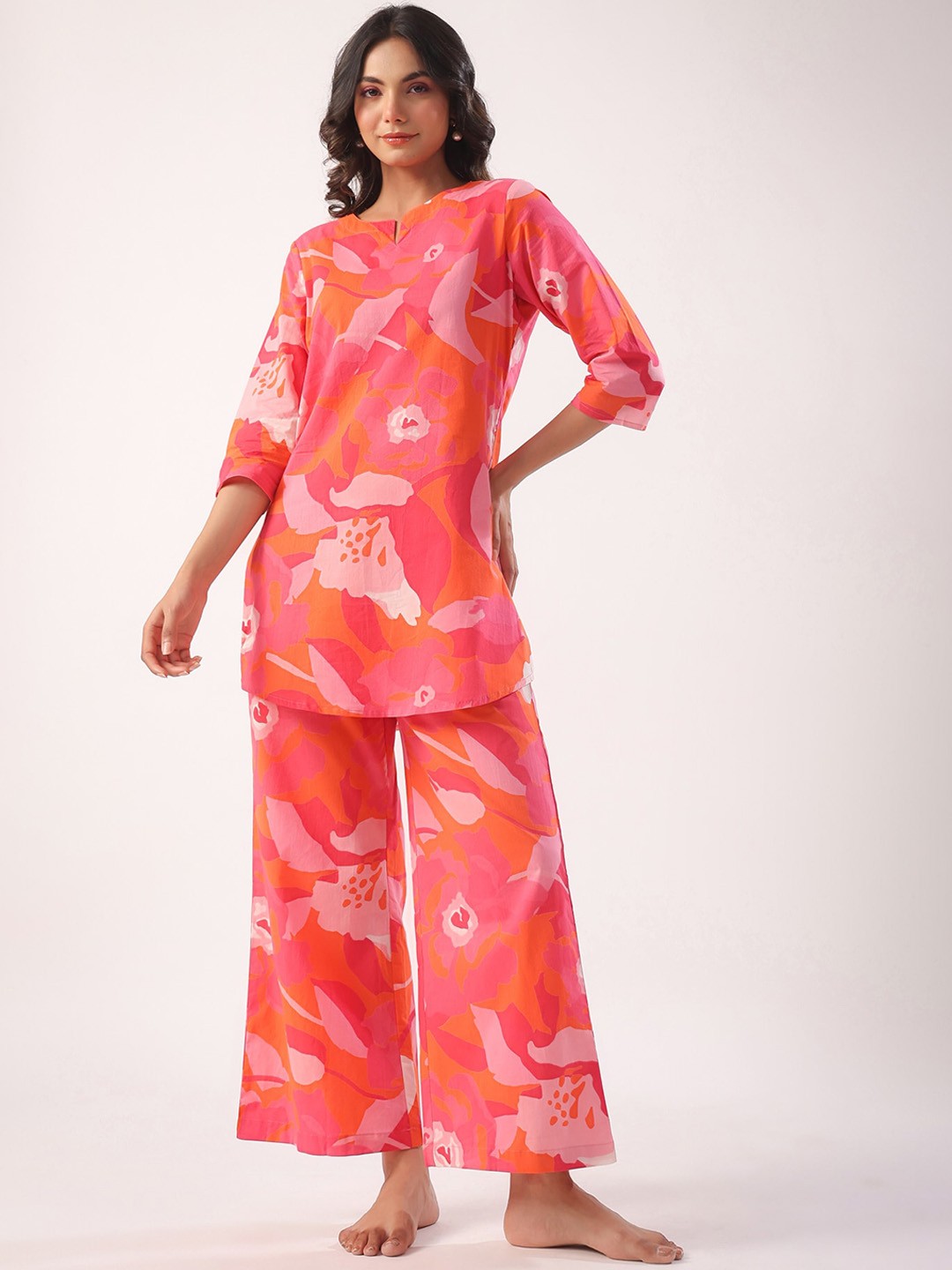 

JISORA Floral Printed Night suit, Pink