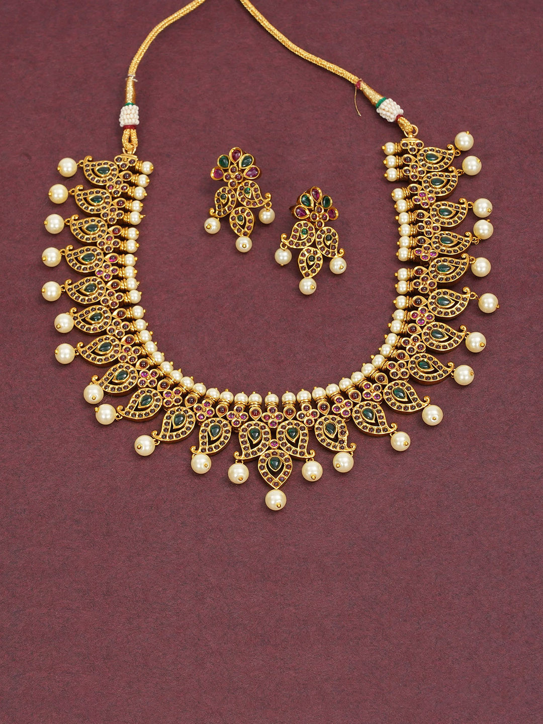 

Designbox Stone Studded & Beaded Temple Jewellery Set, Gold