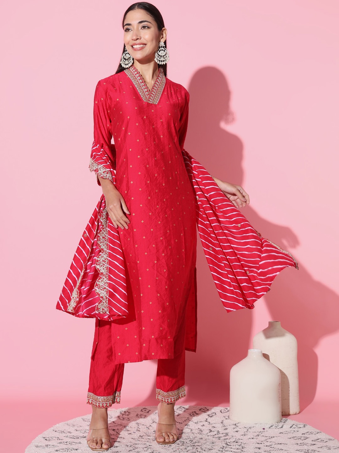 

THE52 Geometric Printed V-Neck Sequinned Kurta with Trousers & With Dupatta, Red