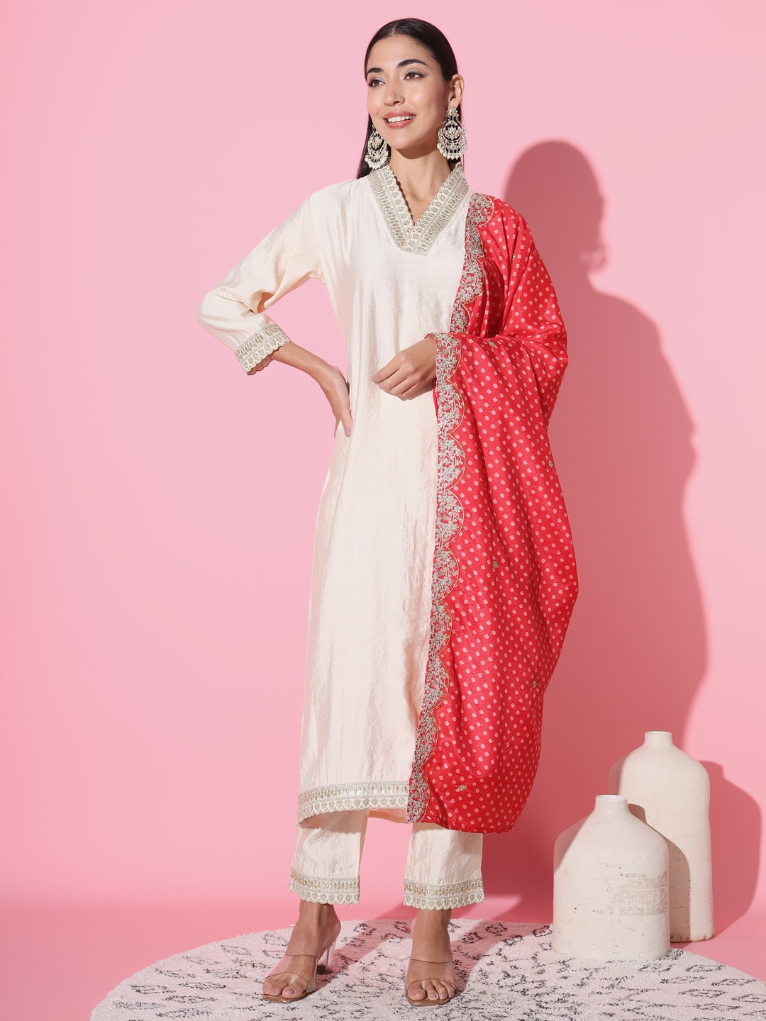 

THE52 V-Neck Sequinned Kurta with Trousers & With Dupatta, White