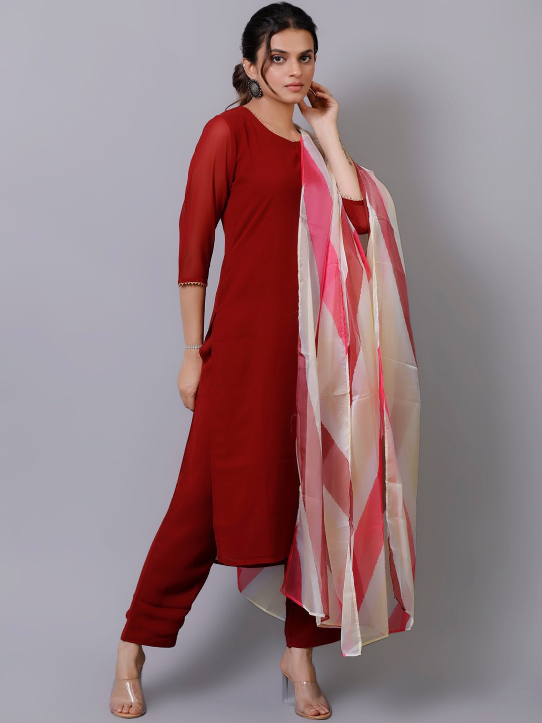 

KALINI Gotta Patti Regular Georgette Kurta With Trousers & Dupatta, Maroon