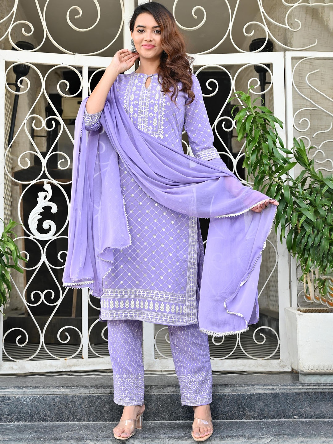 

KALINI Ethnic Motifs Printed Regular Kurta with Trousers & Dupatta, Purple