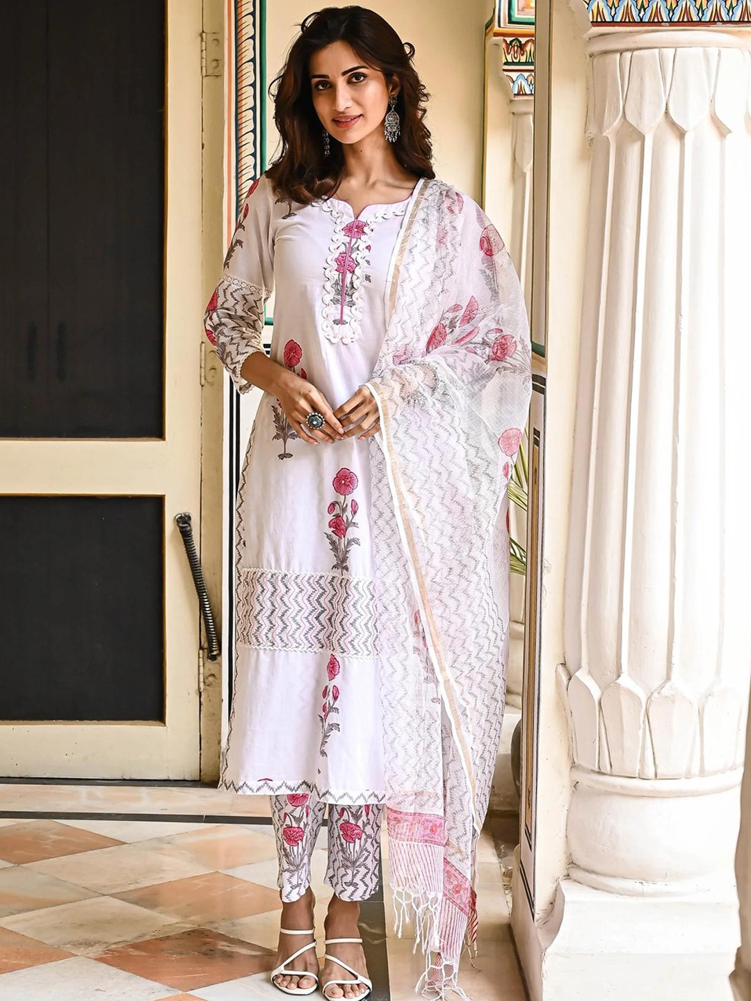 

KALINI Floral Printed Regular Kurta with Trousers & With Dupatta, Pink