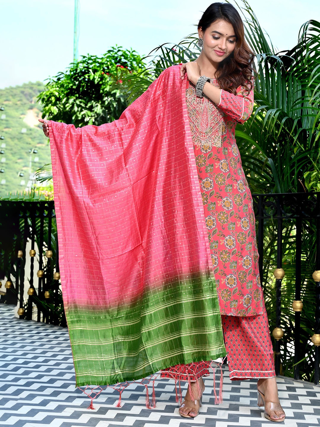 

KALINI Ethnic Motifs Embroidered Regular A-Line Kurta With Trousers & Dupatta, Pink