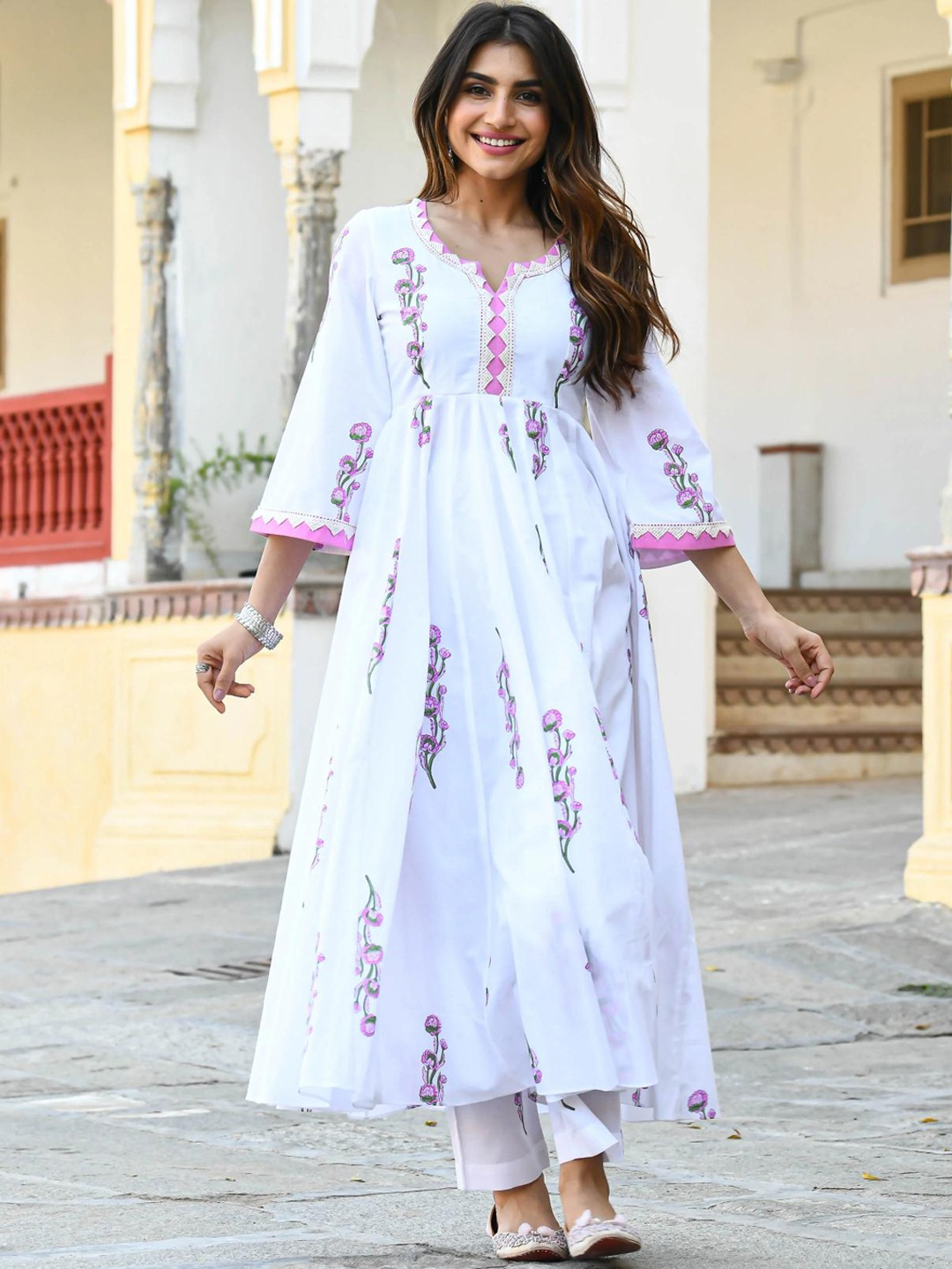 

KALINI Floral Printed Regular Gotta Patti A-Line Kurta With Trouser, White