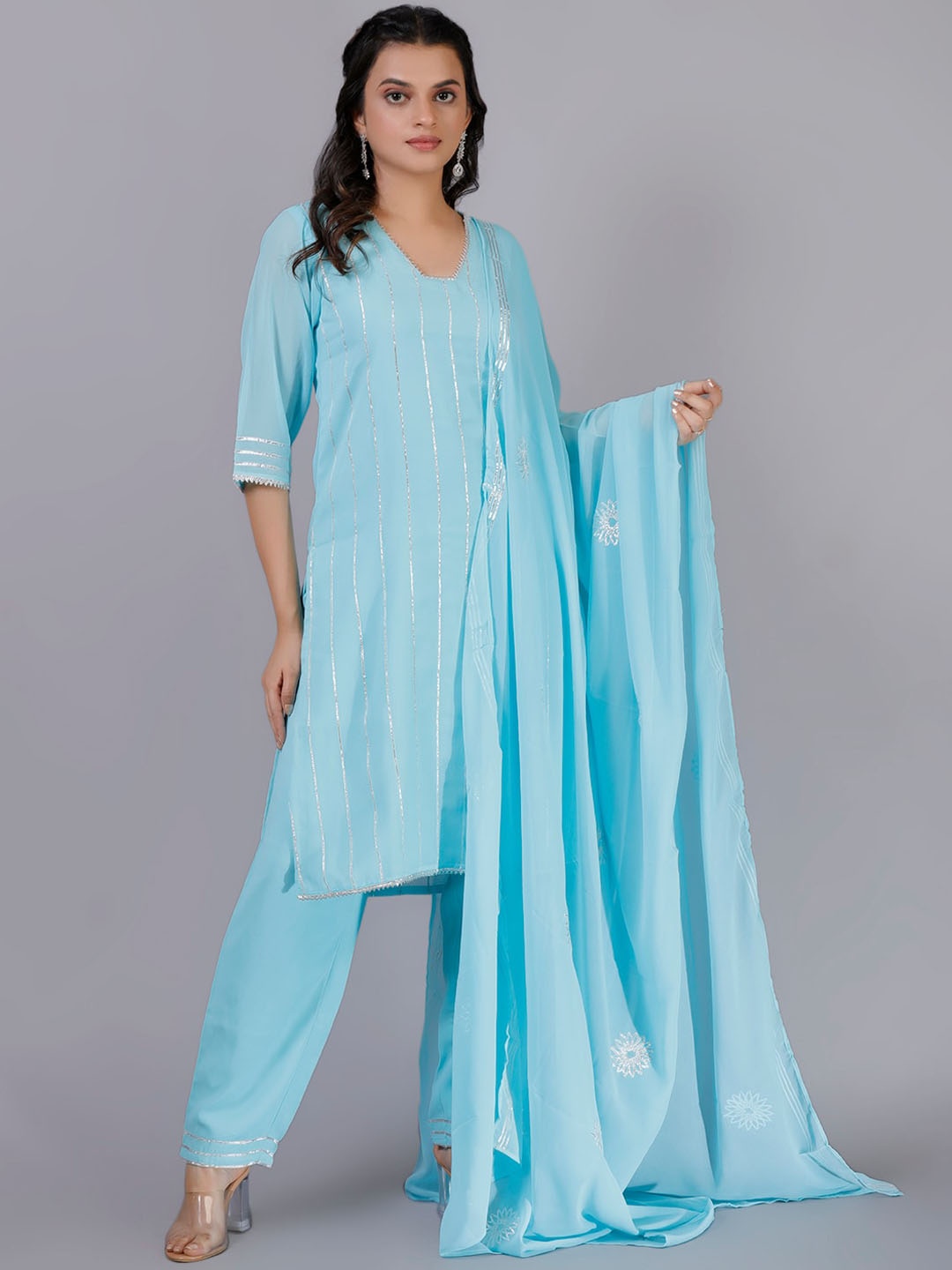 

KALINI Striped Regular Gotta Patti Georgette Kurta With Trousers & Dupatta, Blue