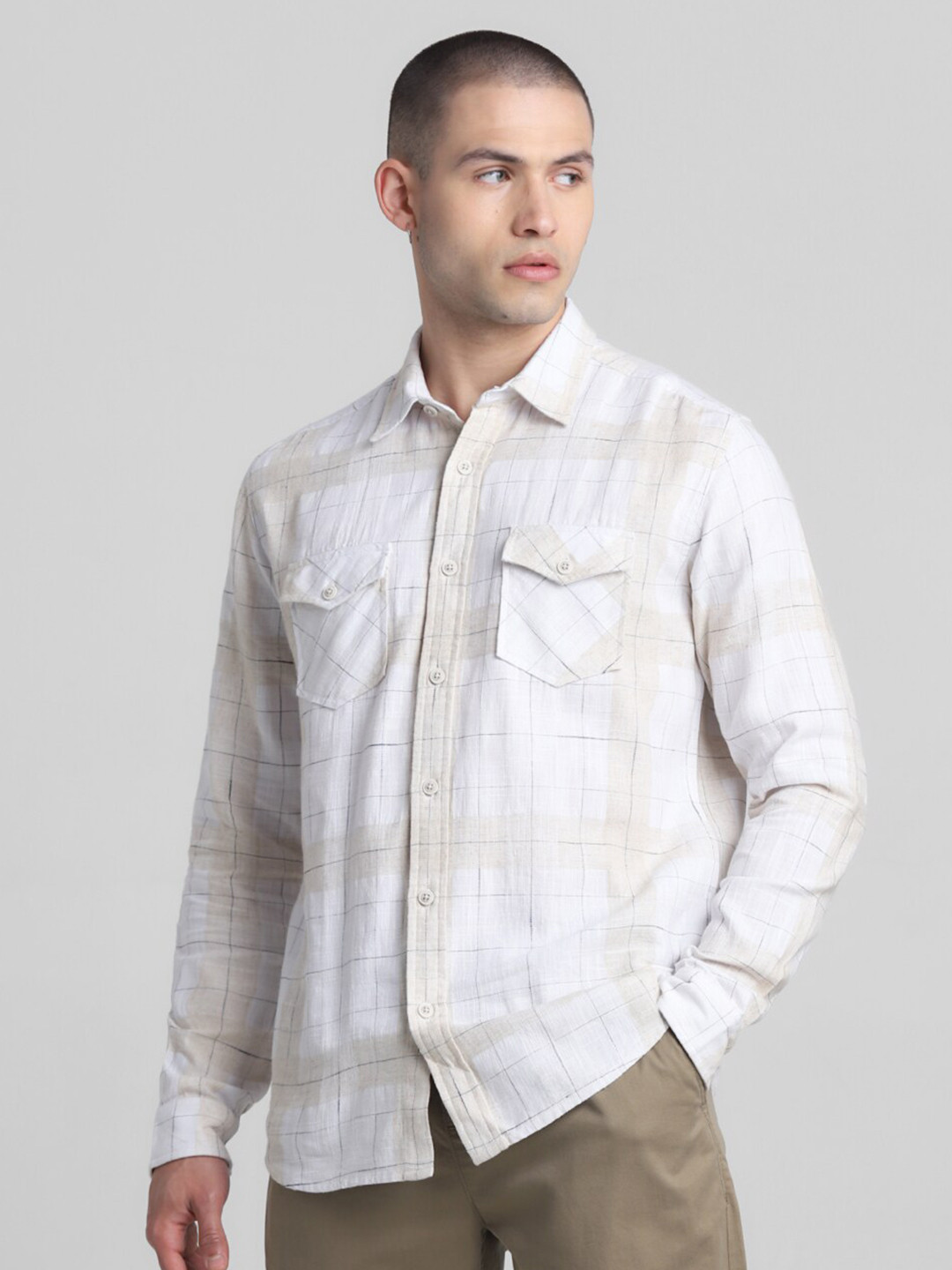 

Jack & Jones Windowpane Checks Spread Collar Long Sleeves Cotton Casual Shirt, White