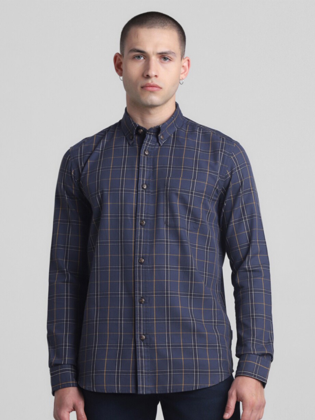 

Jack & Jones Tartan Checks Button-Down Collar Long Sleeves Cotton Casual Shirt, Navy blue