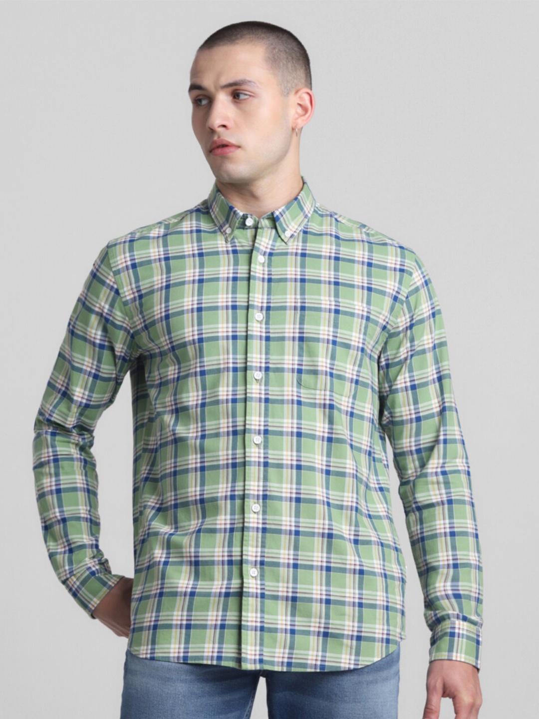 

Jack & Jones Tartan Checks Button-Down Collar Long Sleeves Cotton Casual Shirt, Green