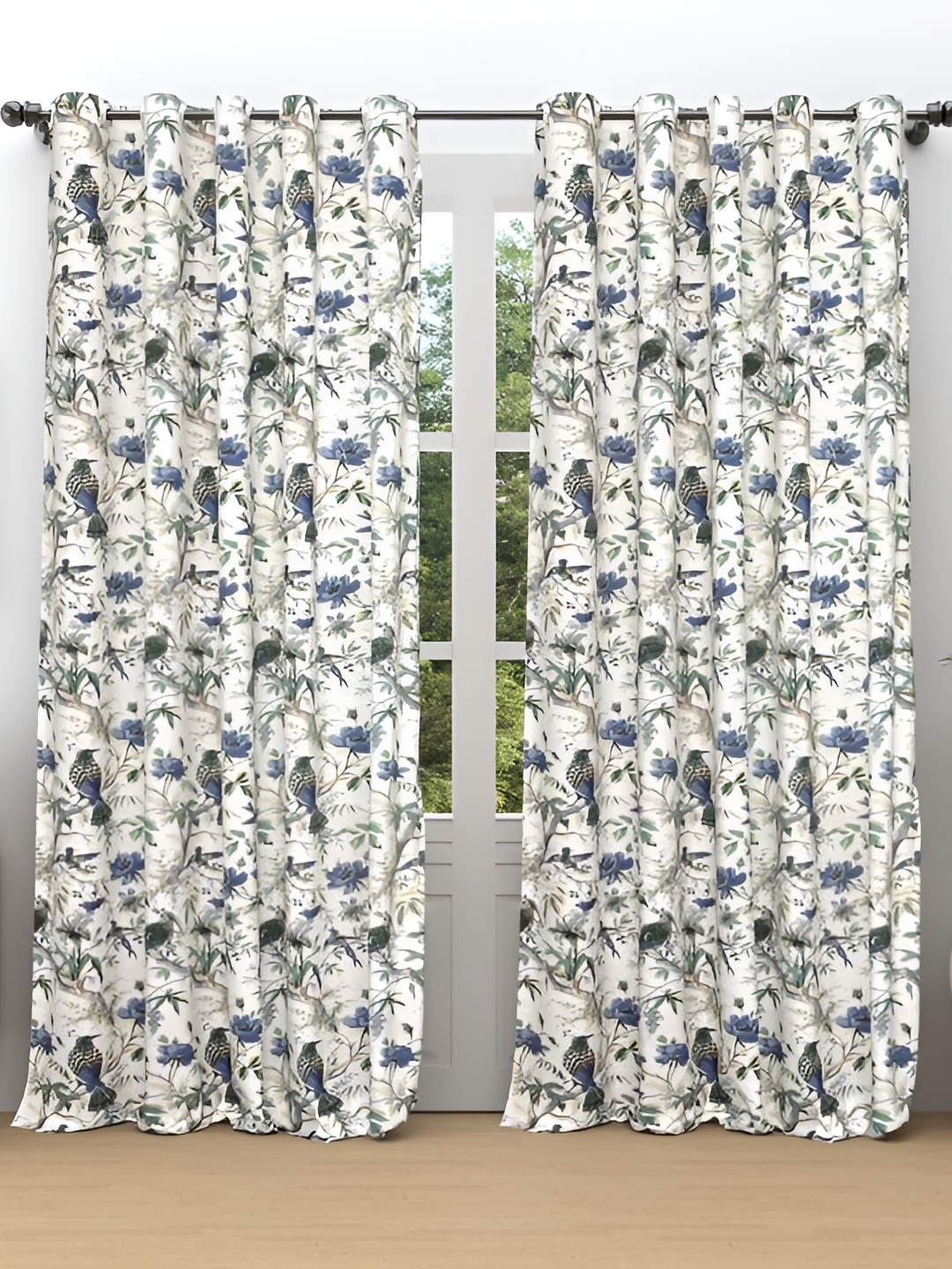

CURIOUS LIFESTYLE White & Blue 2 Pcs Floral Cotton Room Darkening Door Curtain