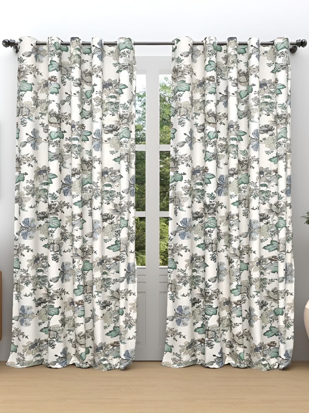 

CURIOUS LIFESTYLE White & Grey 2 Pcs Floral Cotton Room Darkening Window Curtain