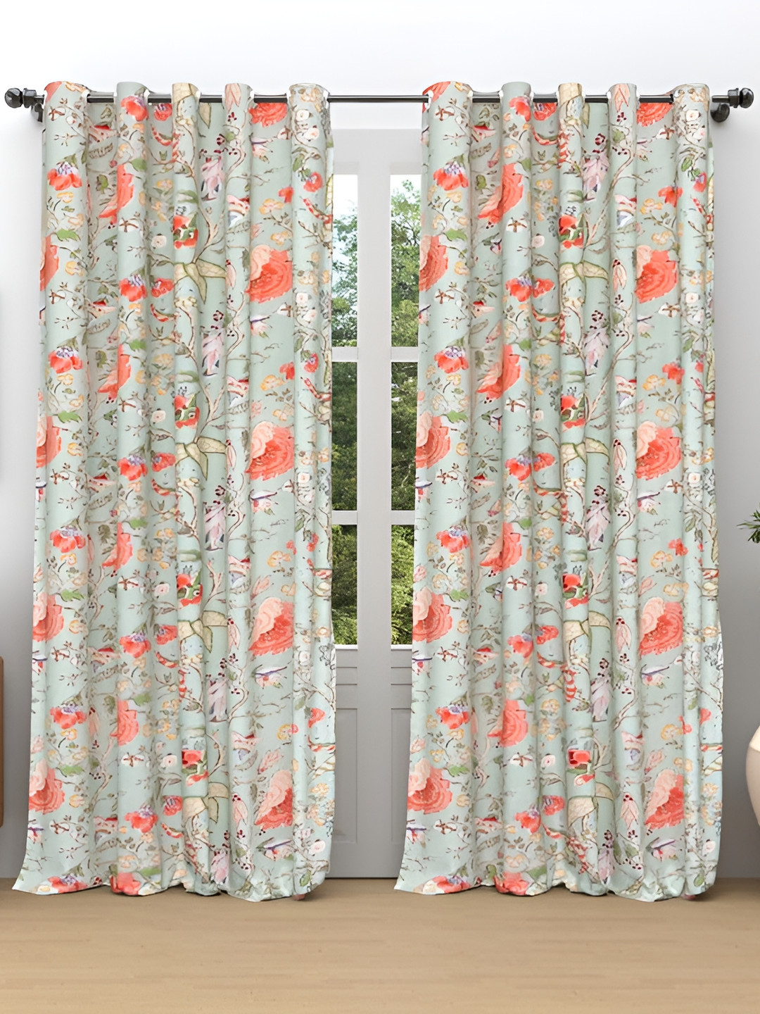 

CURIOUS LIFESTYLE Blue & Orange 2 Pcs Floral Room Darkening Long Door Curtain