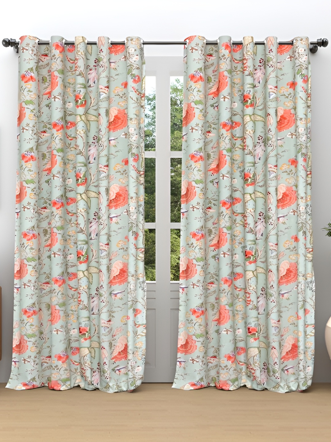 

CURIOUS LIFESTYLE Blue & Orange 2 Pcs Floral Cotton Room Darkening Window Curtain