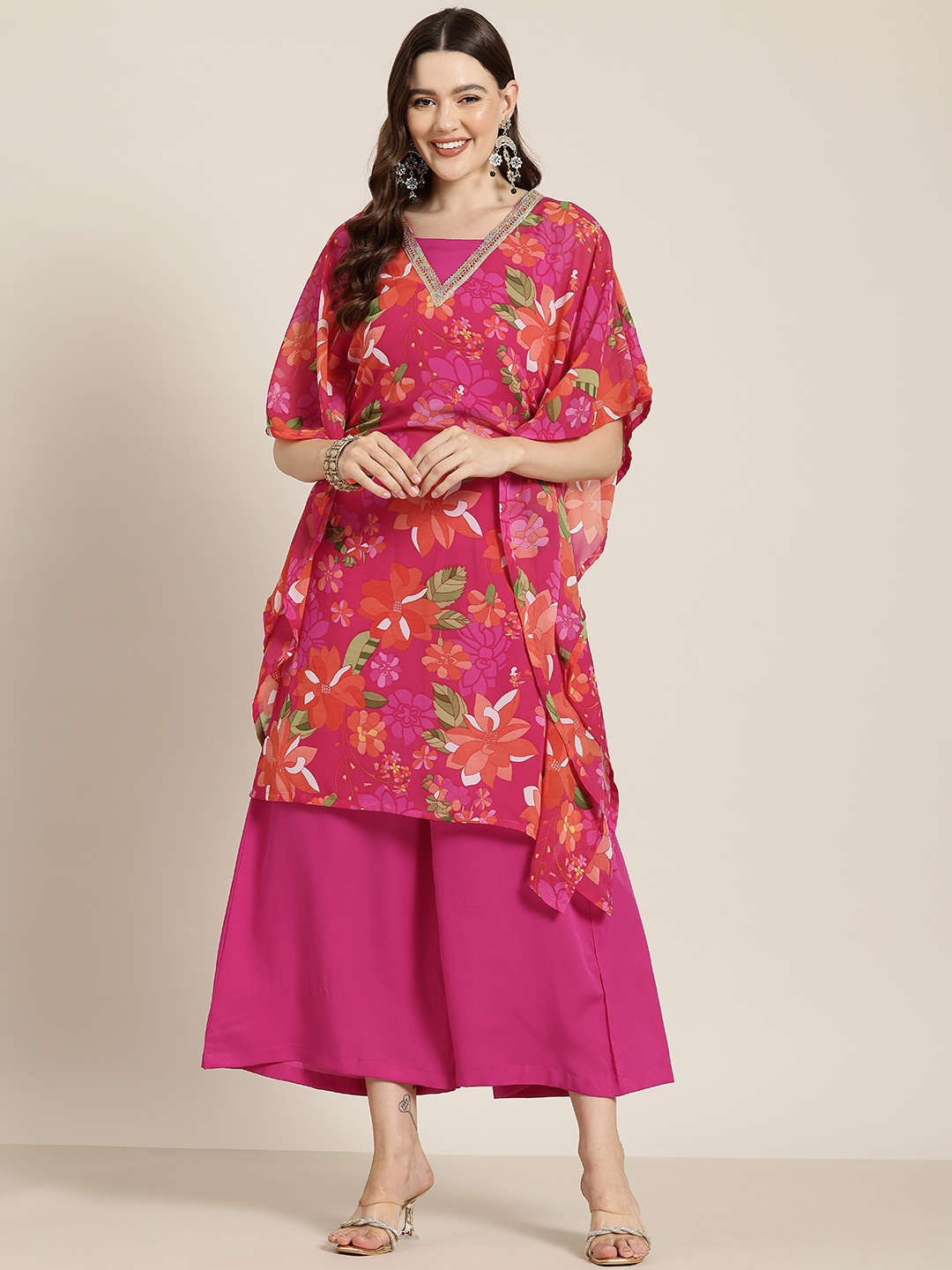 

HERE&NOW Floral Printed Gotta Patti Detail Kurta Set With Camisole, Fuchsia