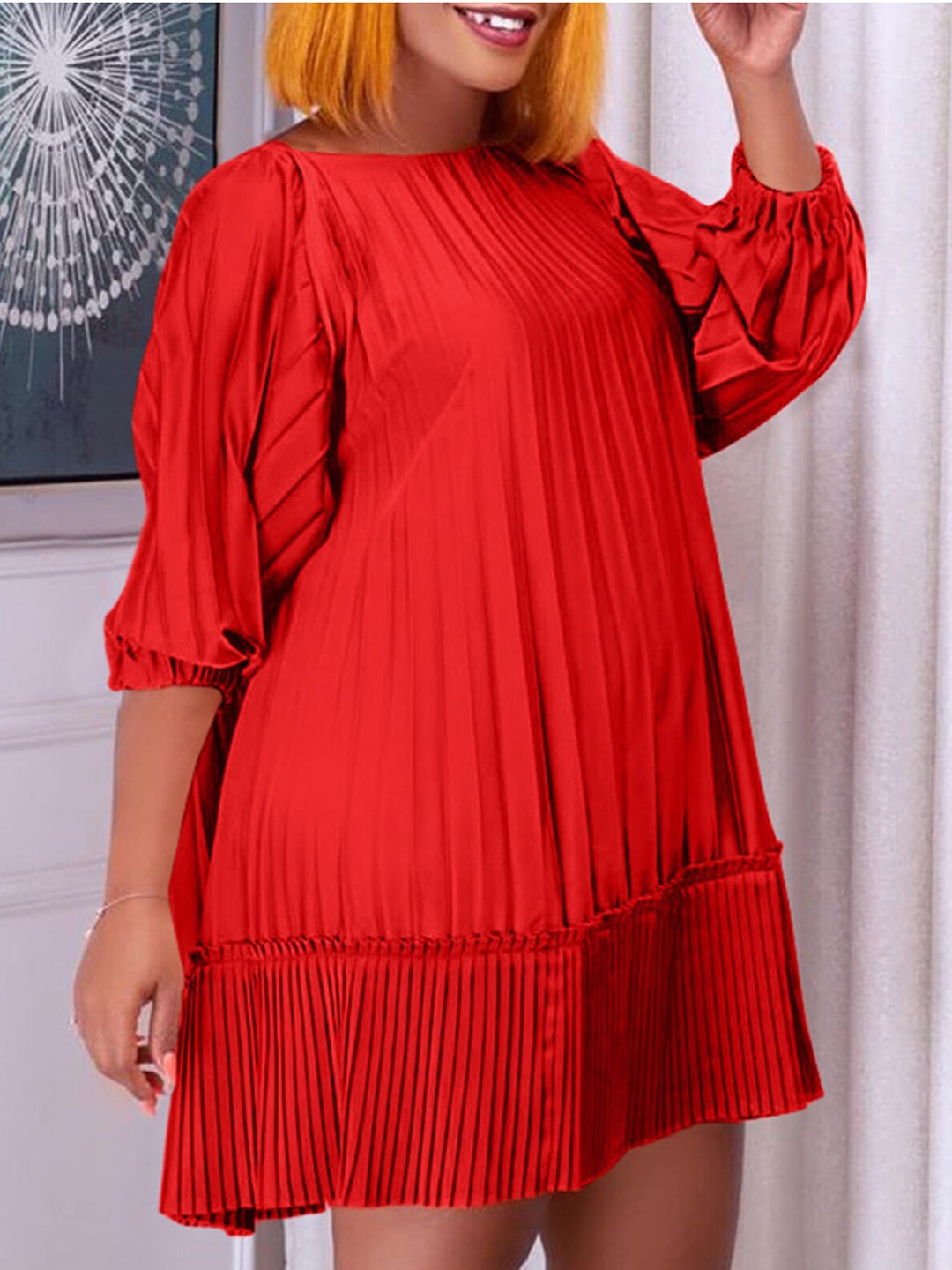 

LULU & SKY Puff Sleeve Accordion Pleats A-Line Dress, Red