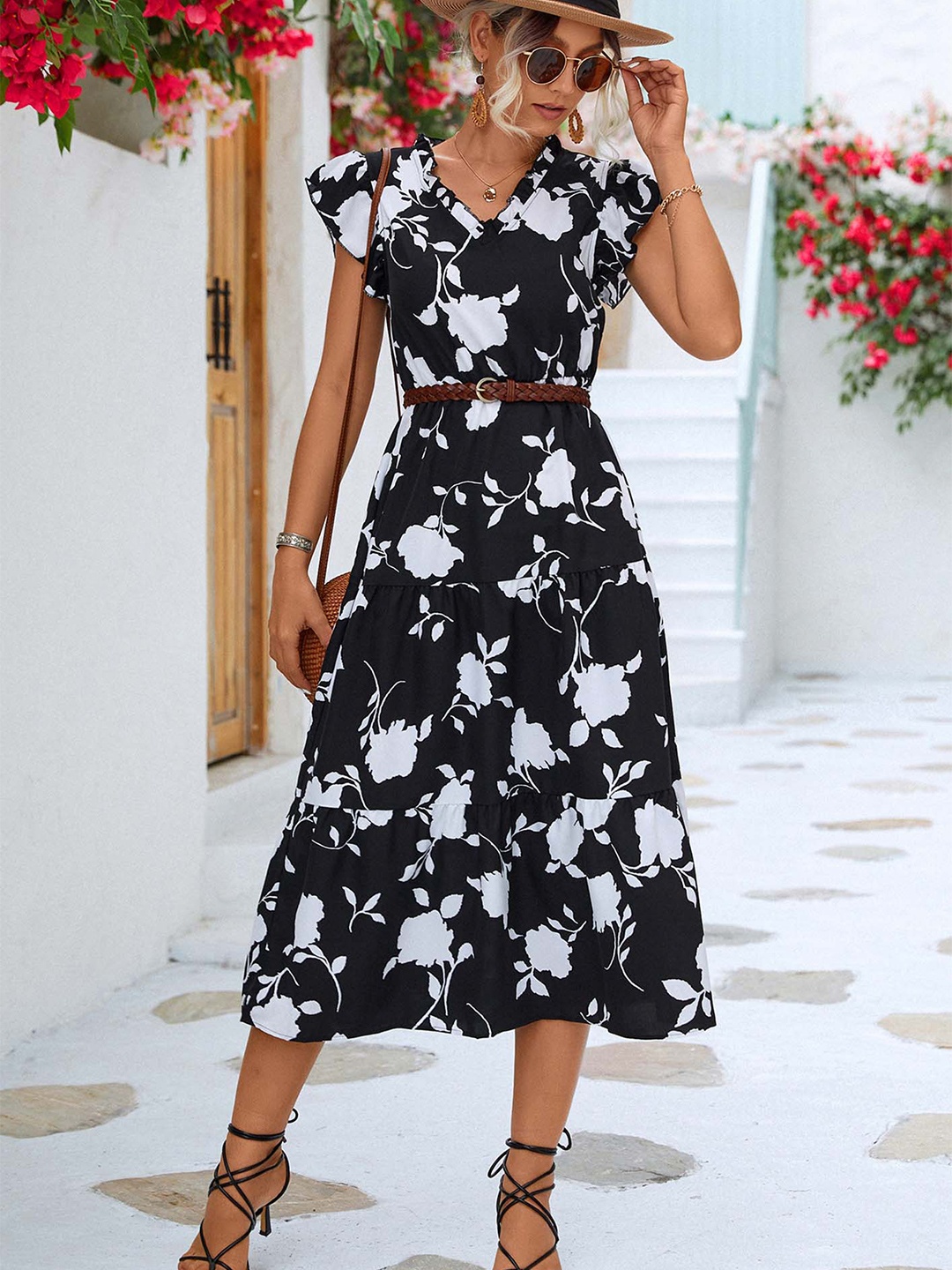 

LULU & SKY Floral Printed Flutter Sleeve Belted Fit & Flare Midi Dress, Black