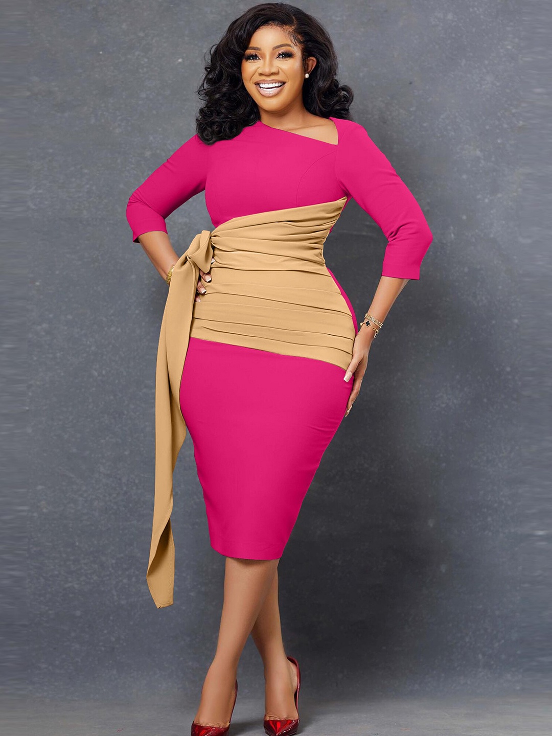 

LULU & SKY Asymmetric Neck Colourblocked Tie-Ups Bodycon Dress, Fuchsia