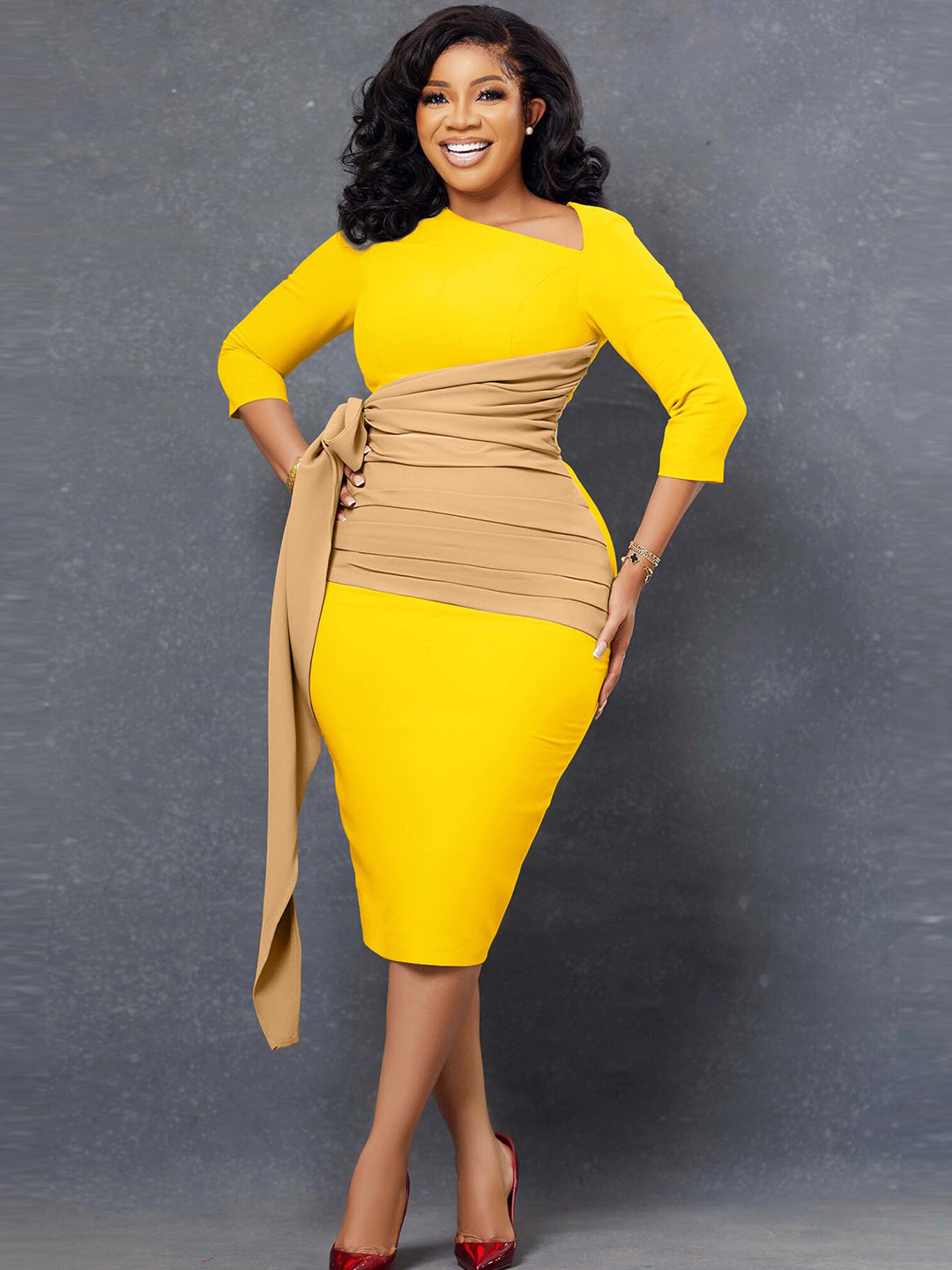 

LULU & SKY Colourblocked Tie-Ups Detail Bodycon Midi Dress, Yellow