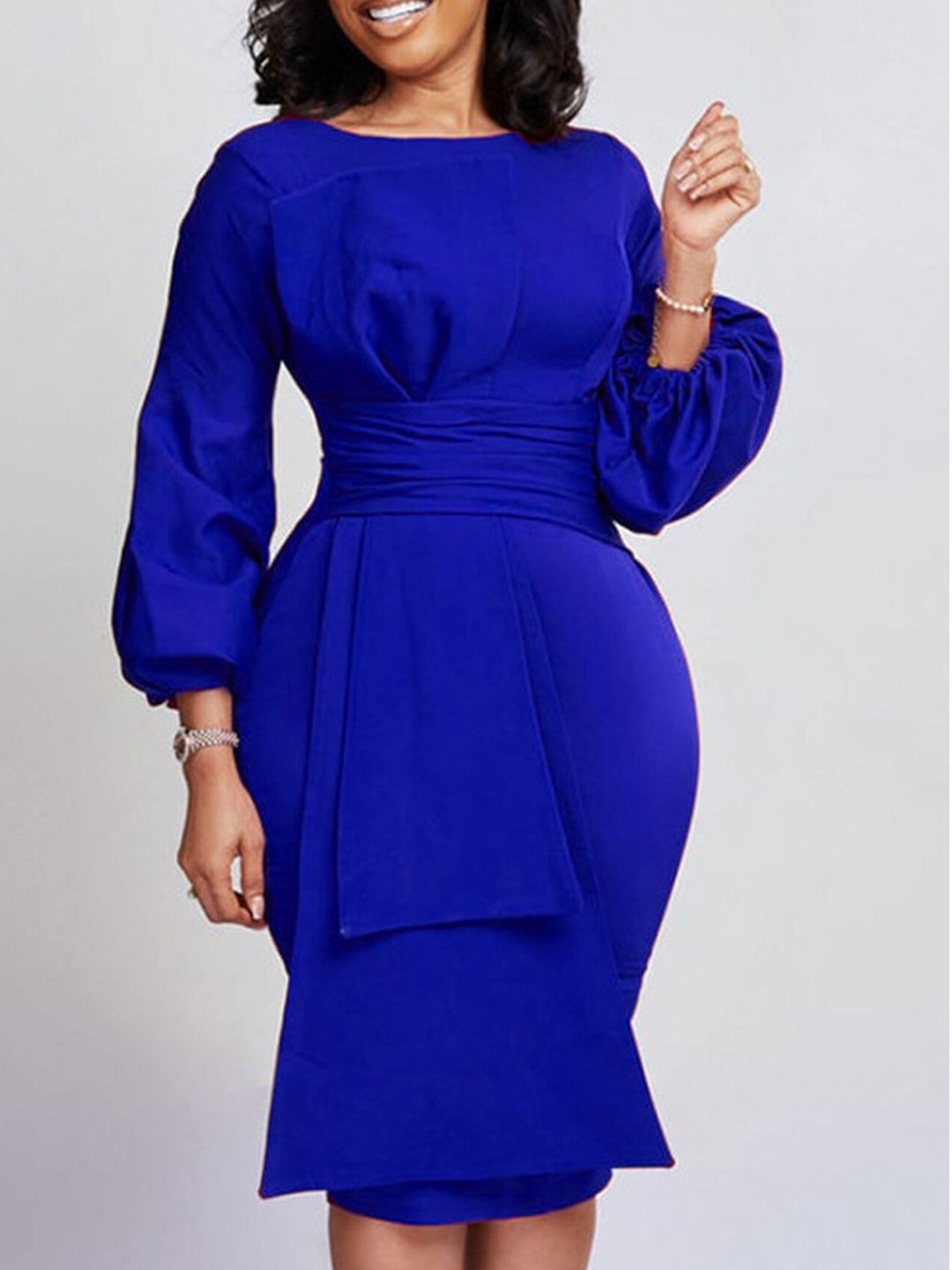 

LULU & SKY Boat Neck Puff Sleeve Pleated Bodycon Dress, Blue