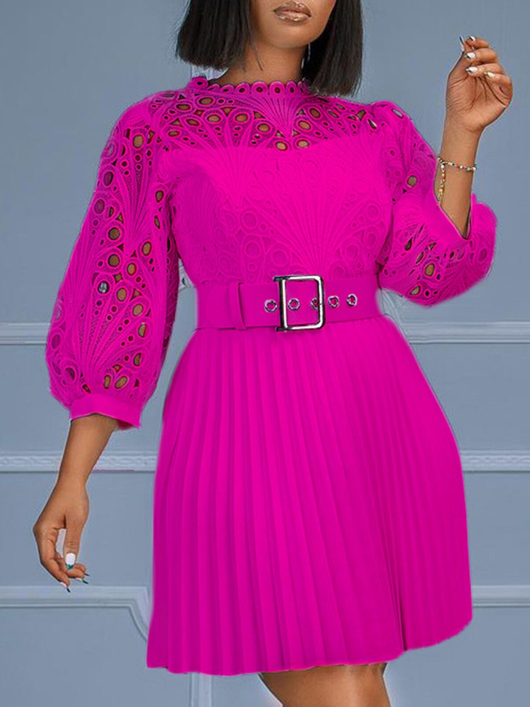 

LULU & SKY Self Design Puff Sleeve Fit & Flare Dress, Fuchsia