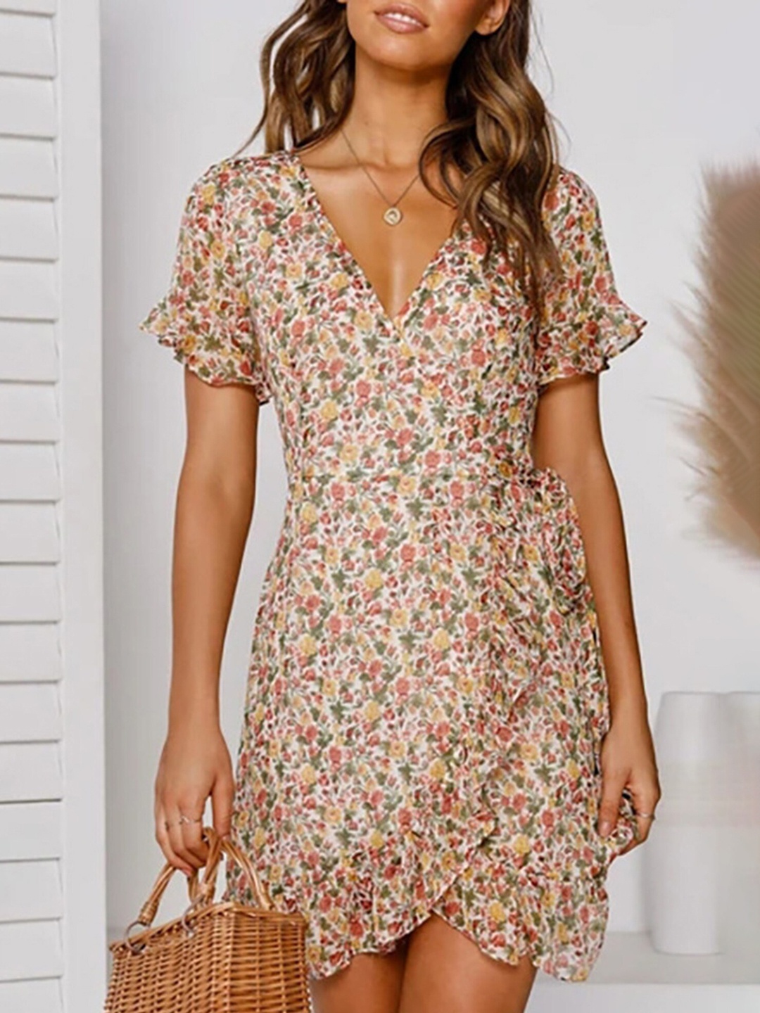 

LULU & SKY Floral Printed V-Neck Flared Sleeve Wrap Dress, Multi