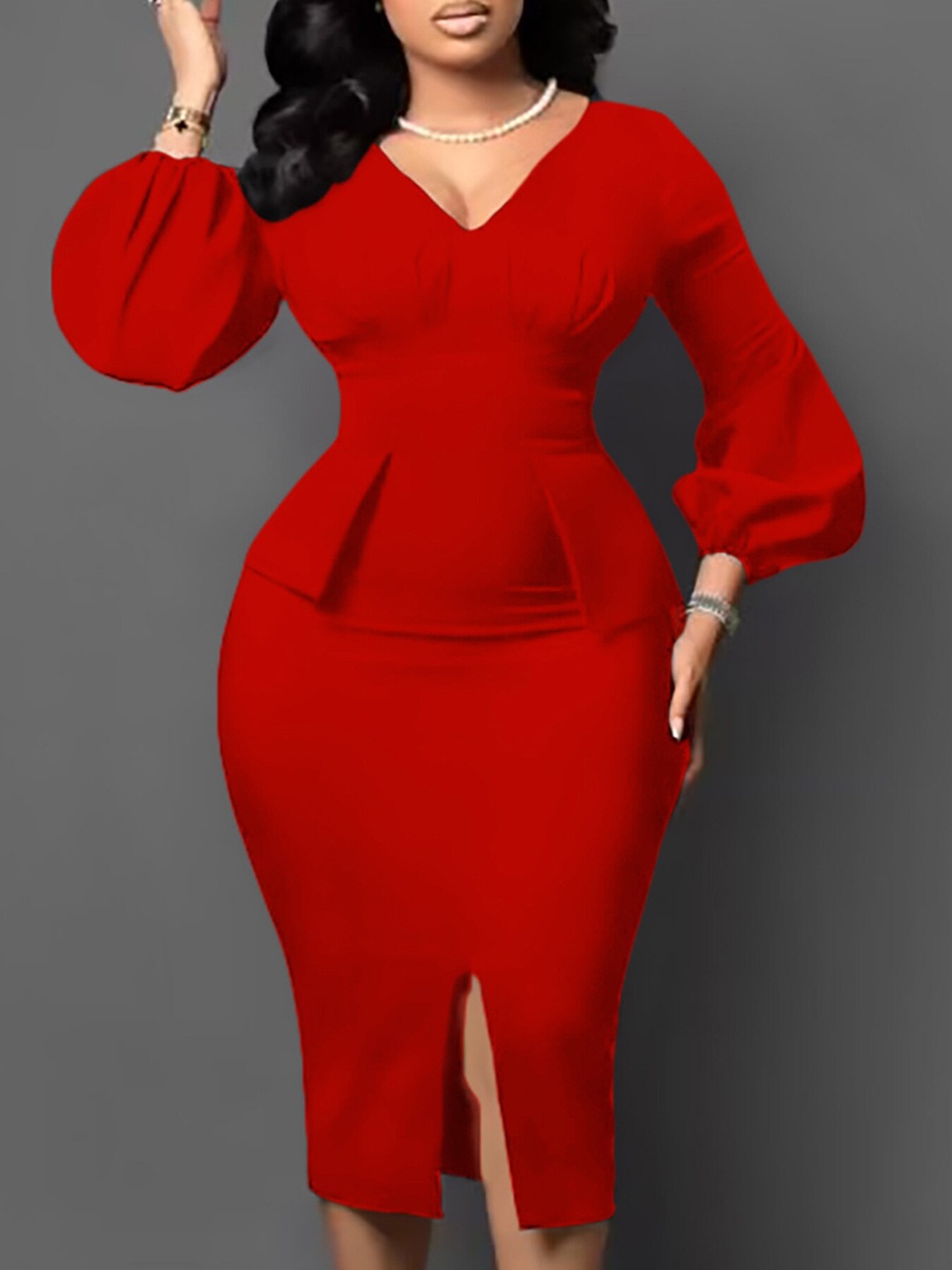 

LULU & SKY V-Neck Puff Sleeves Bodycon Dress, Red
