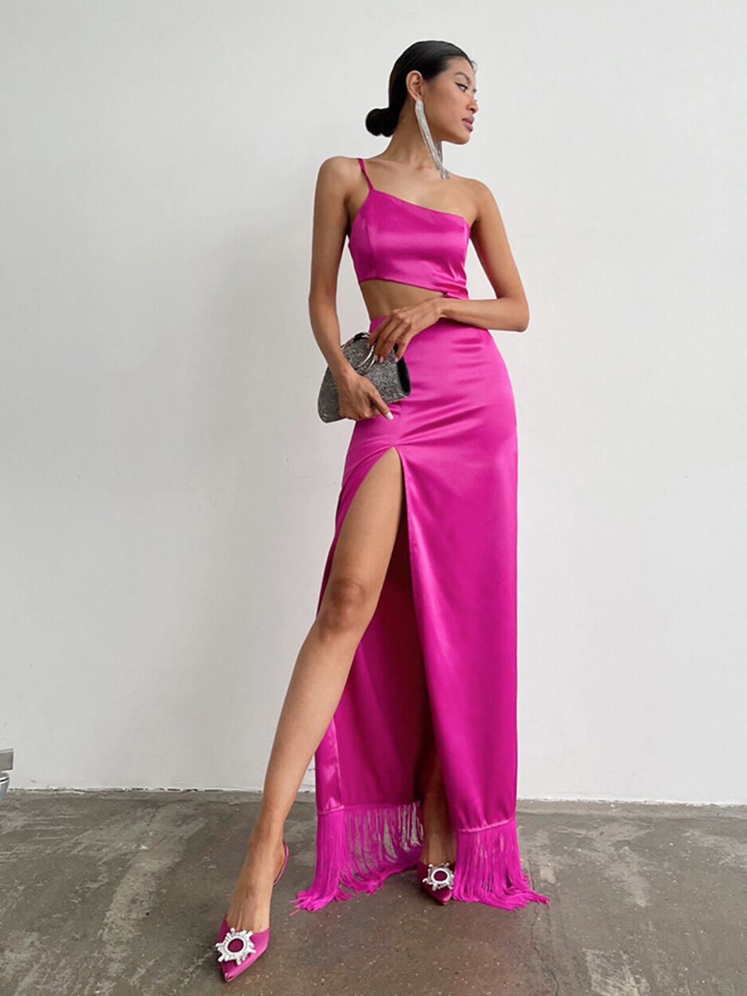 

LULU & SKY One Shoulder Cut Outs Satin Maxi Dress, Pink