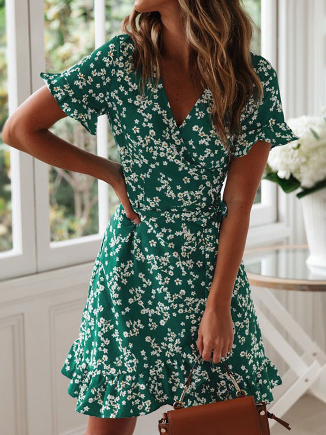 

LULU & SKY Floral Printed V-Neck Flared Sleeves Wrap Dress, Green