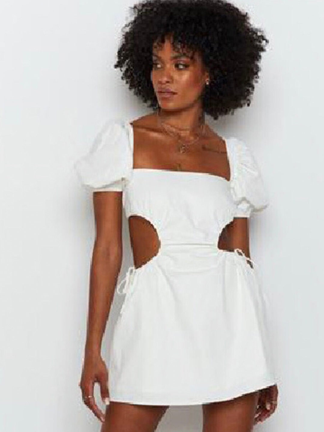 

LULU & SKY Puff Sleeves Cut Out Detailed A-Line Mini Dress, White