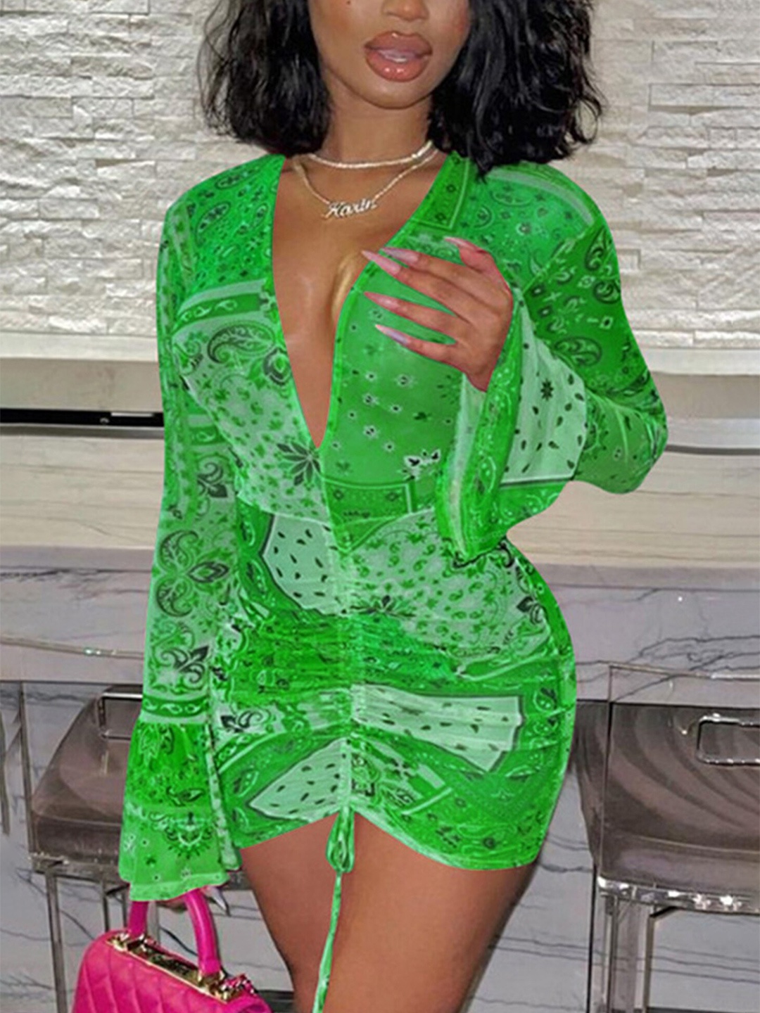 

LULU & SKY Tropical Print V-Neck Bell Sleeves Bodycon Dress, Green