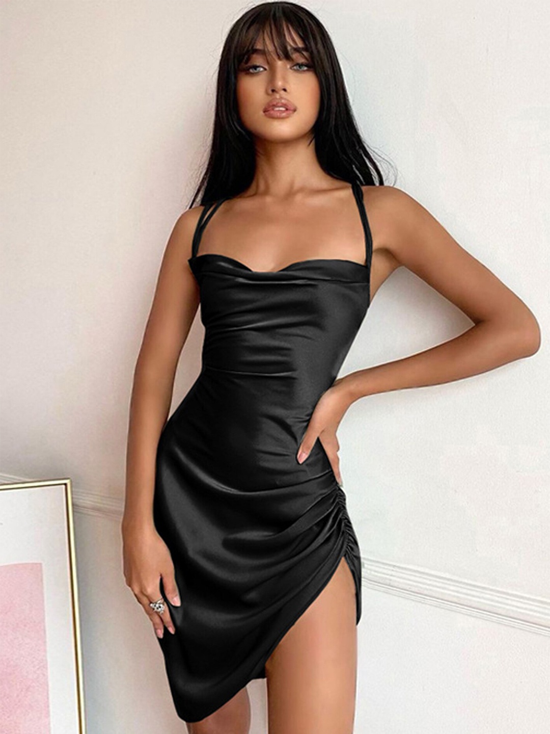 

LULU & SKY Shoulder Straps Satin Bodycon Mini Dress, Black