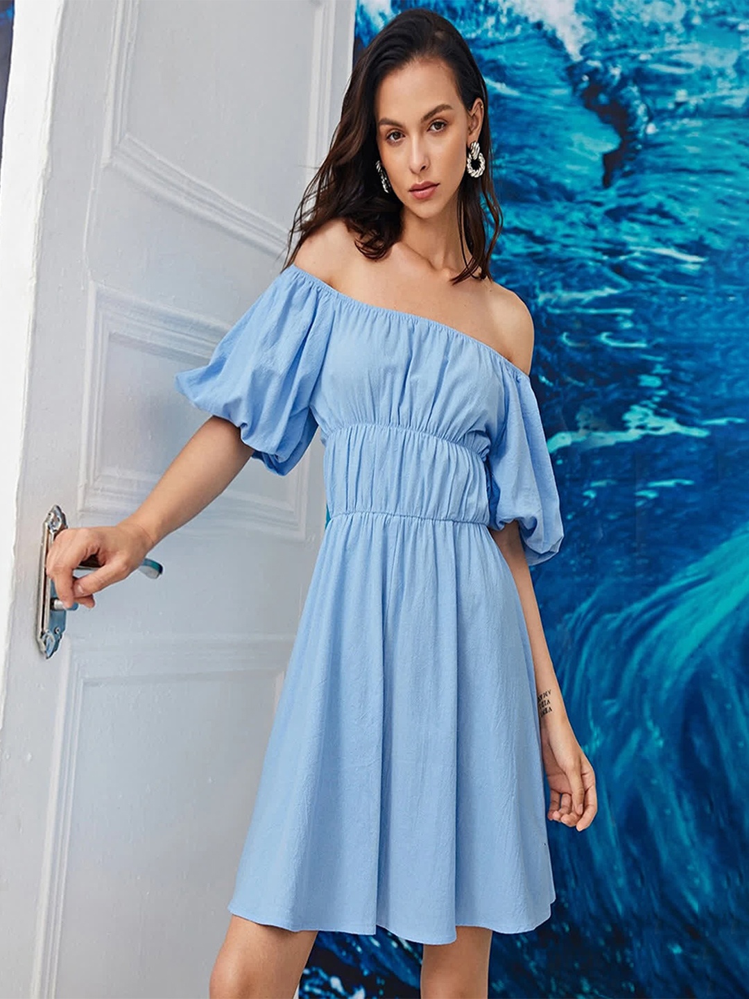 

LULU & SKY Off-Shoulder Gathered Puff Sleeves A-Line Pure Cotton Dress, Blue