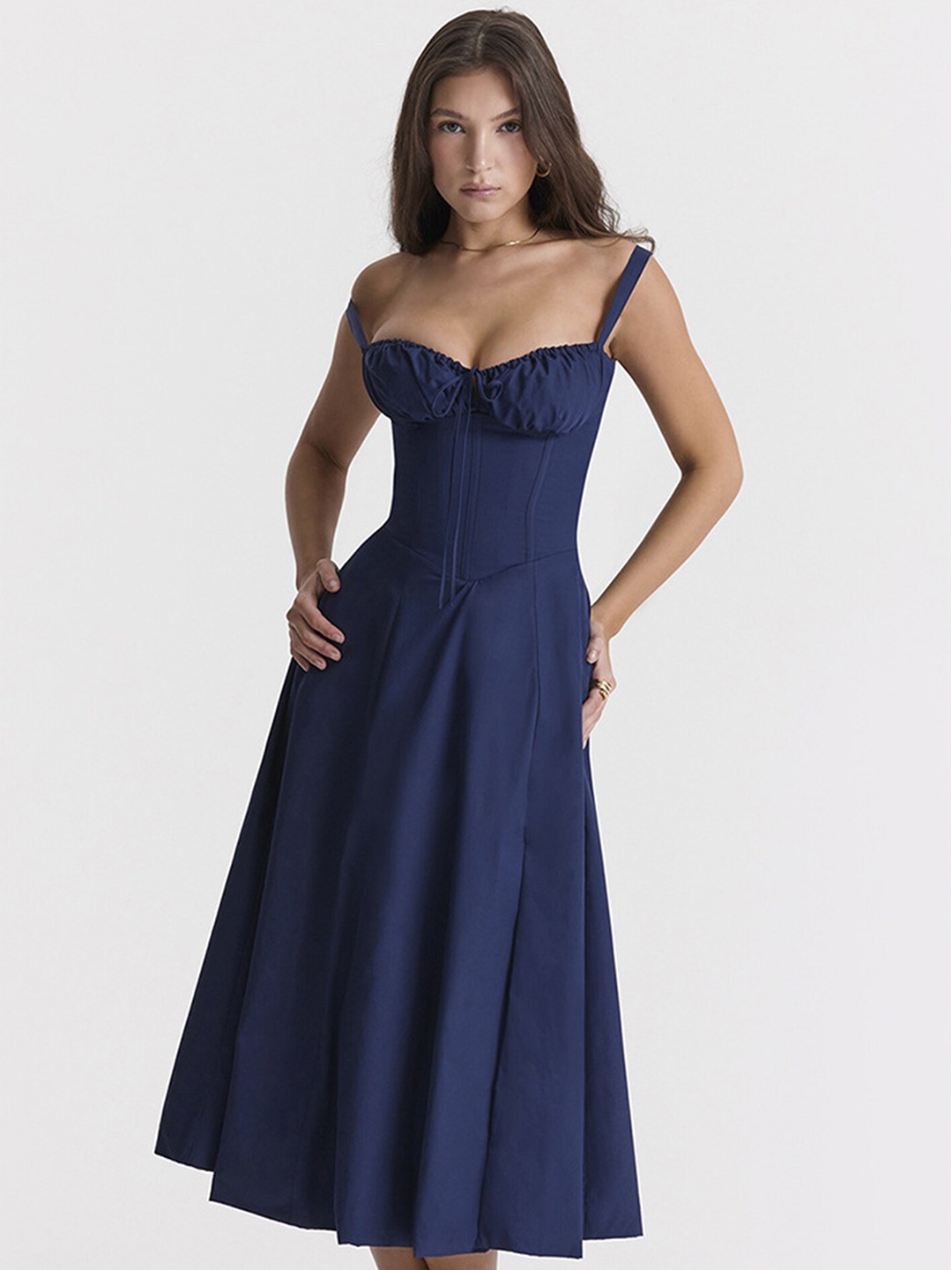 

LULU & SKY Shoulder Straps Fit & Flare Corset Midi Dress, Navy blue