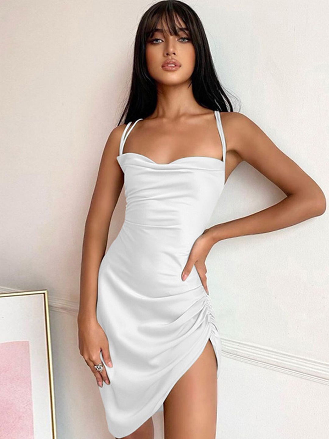 

LULU & SKY Shoulder Straps Ruched Bodycon Mini Dress, White