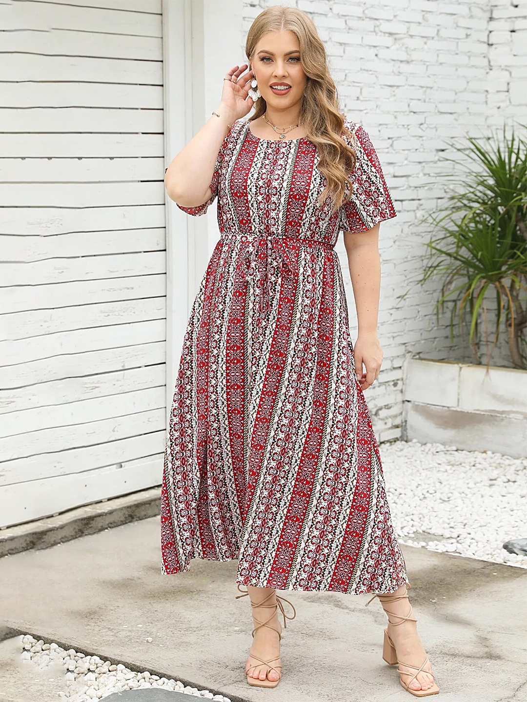 

LULU & SKY Floral Printed Tie-Ups A-Line Dress, Red