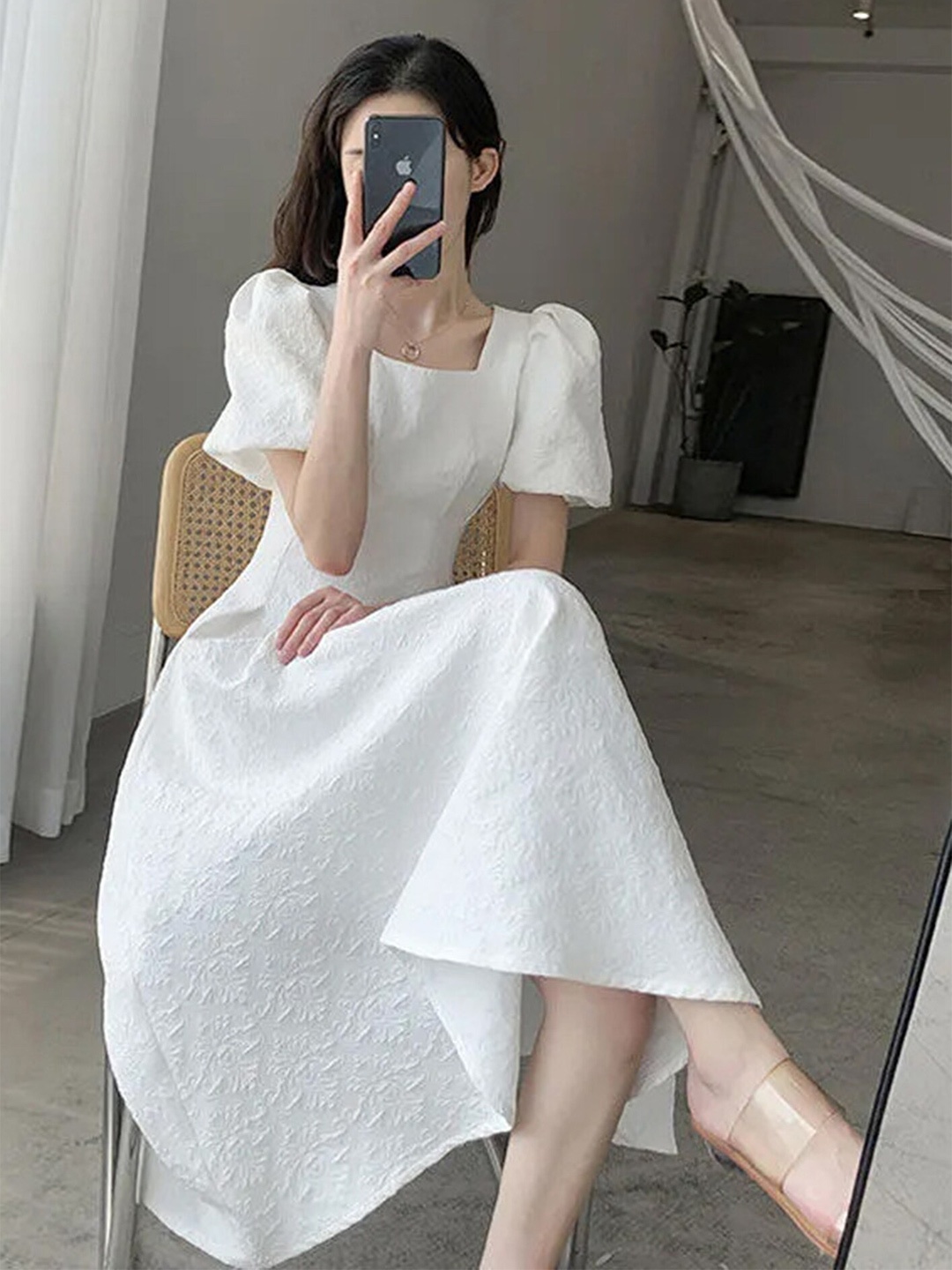 

LULU & SKY Self Design Square Neck Puff Sleeves Fit & Flare Midi Dress, White