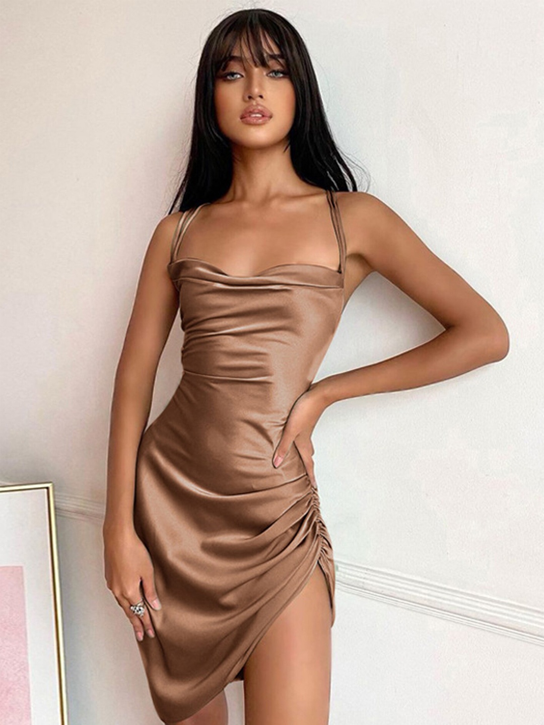 

LULU & SKY Cowl Neck Ruched Sheath Dress, Brown
