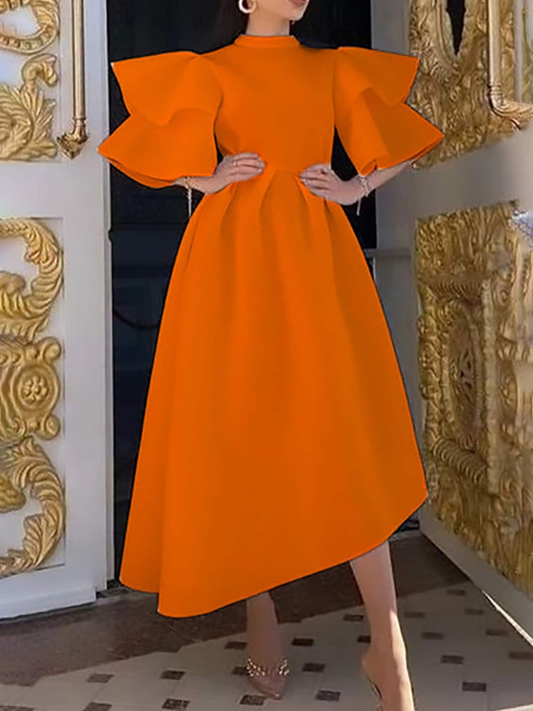 

LULU & SKY Flutter Sleeve Fit & Flare Dress, Orange