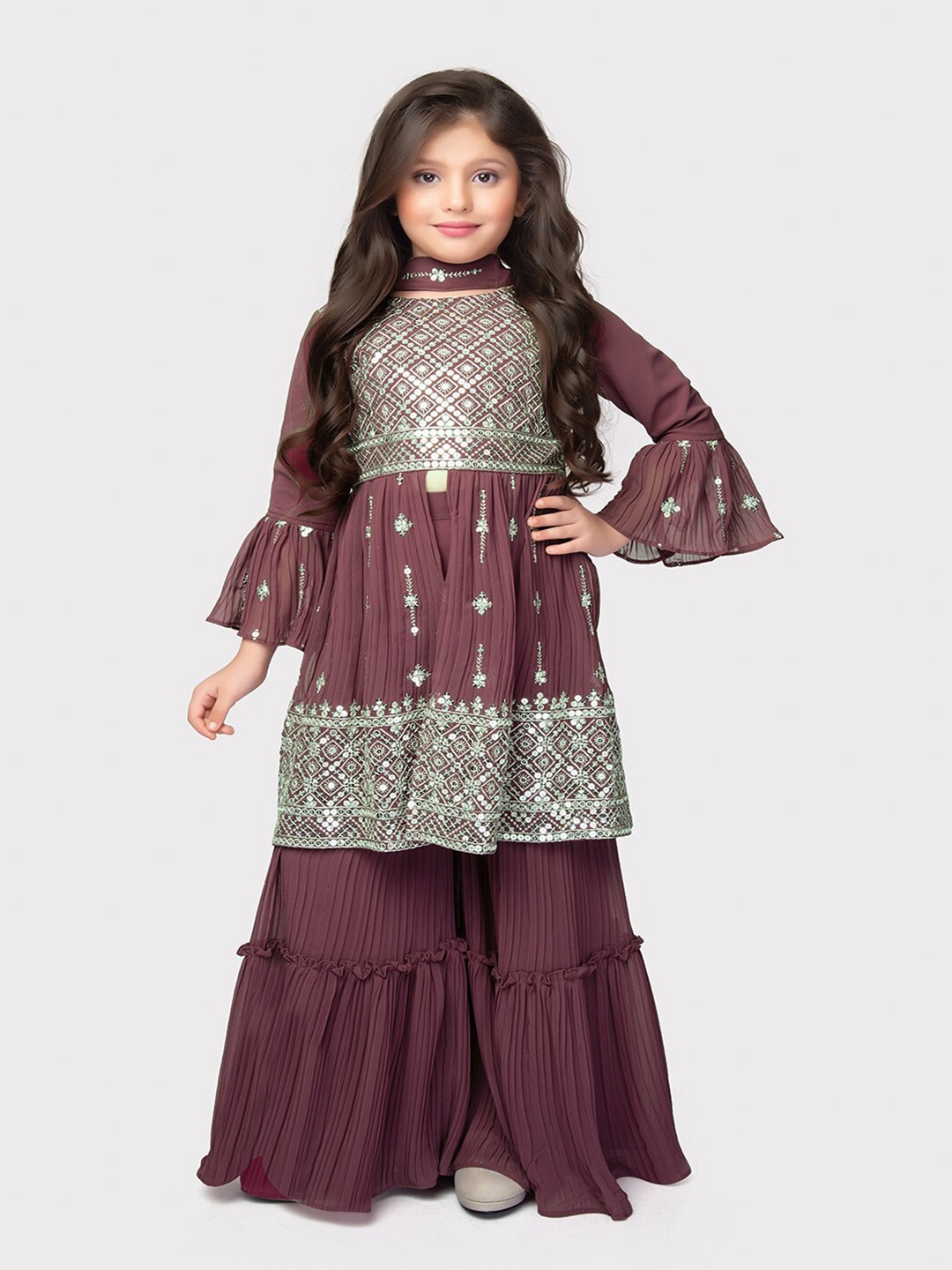 

BETTY Girls Embroidered Empire Sequinned Kurta with Sharara & Dupatta, Magenta