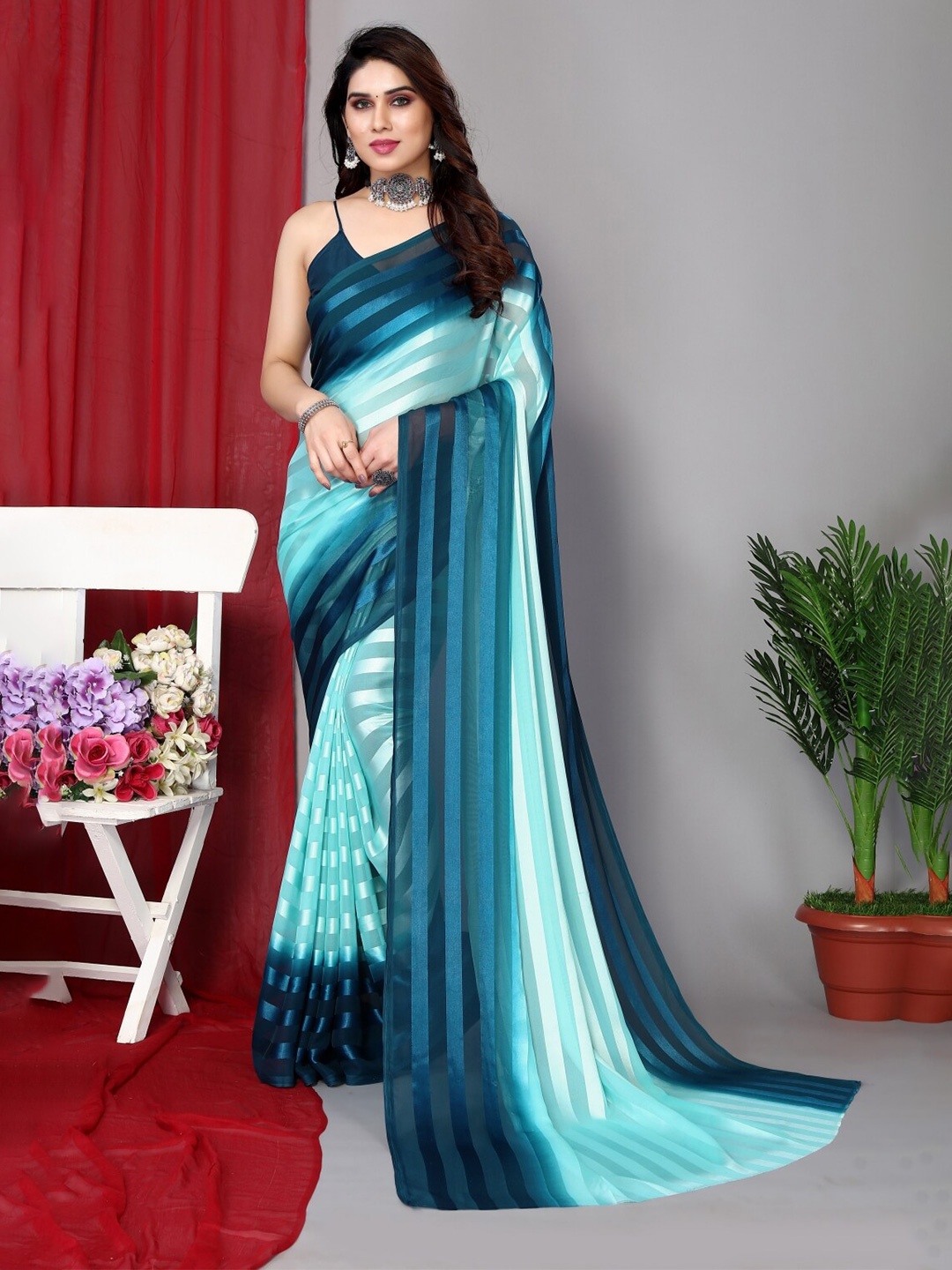 

Moda Rapido Striped Satin Saree, Blue