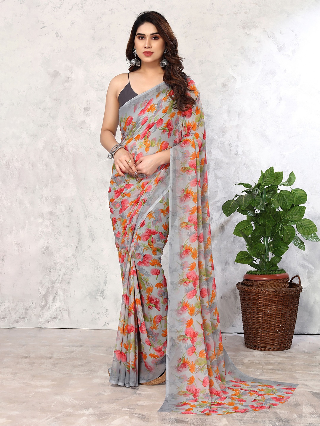

ANAND SAREES Floral Printed Saree, Grey