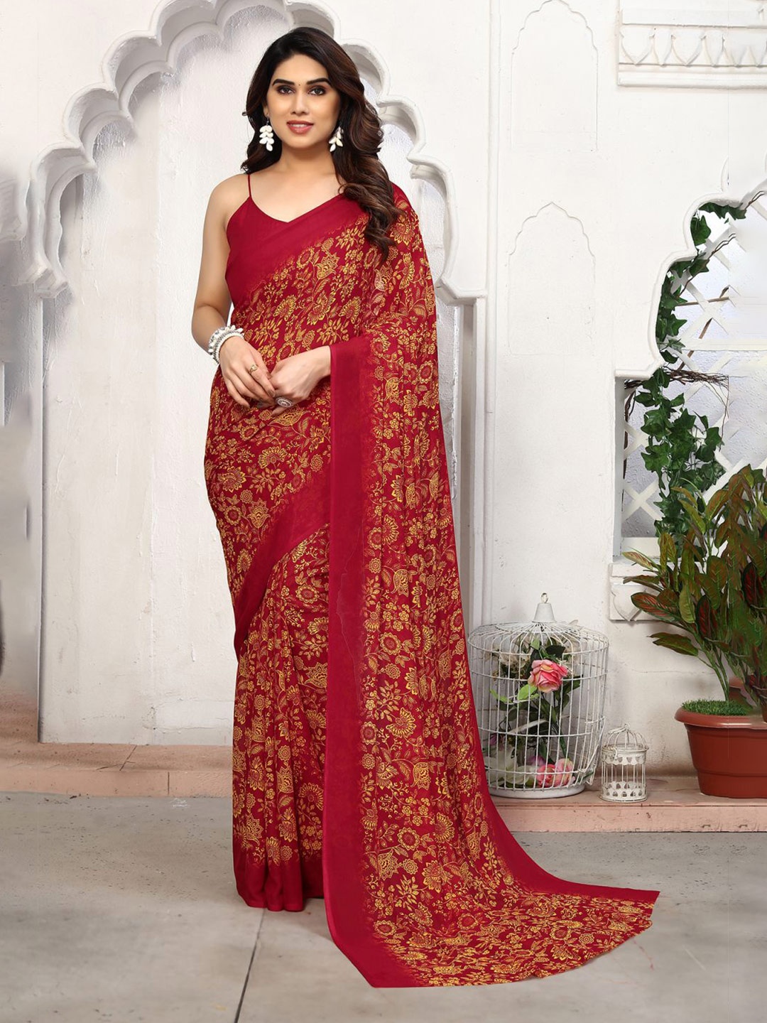 

ANAND SAREES Floral Printed Saree, Red